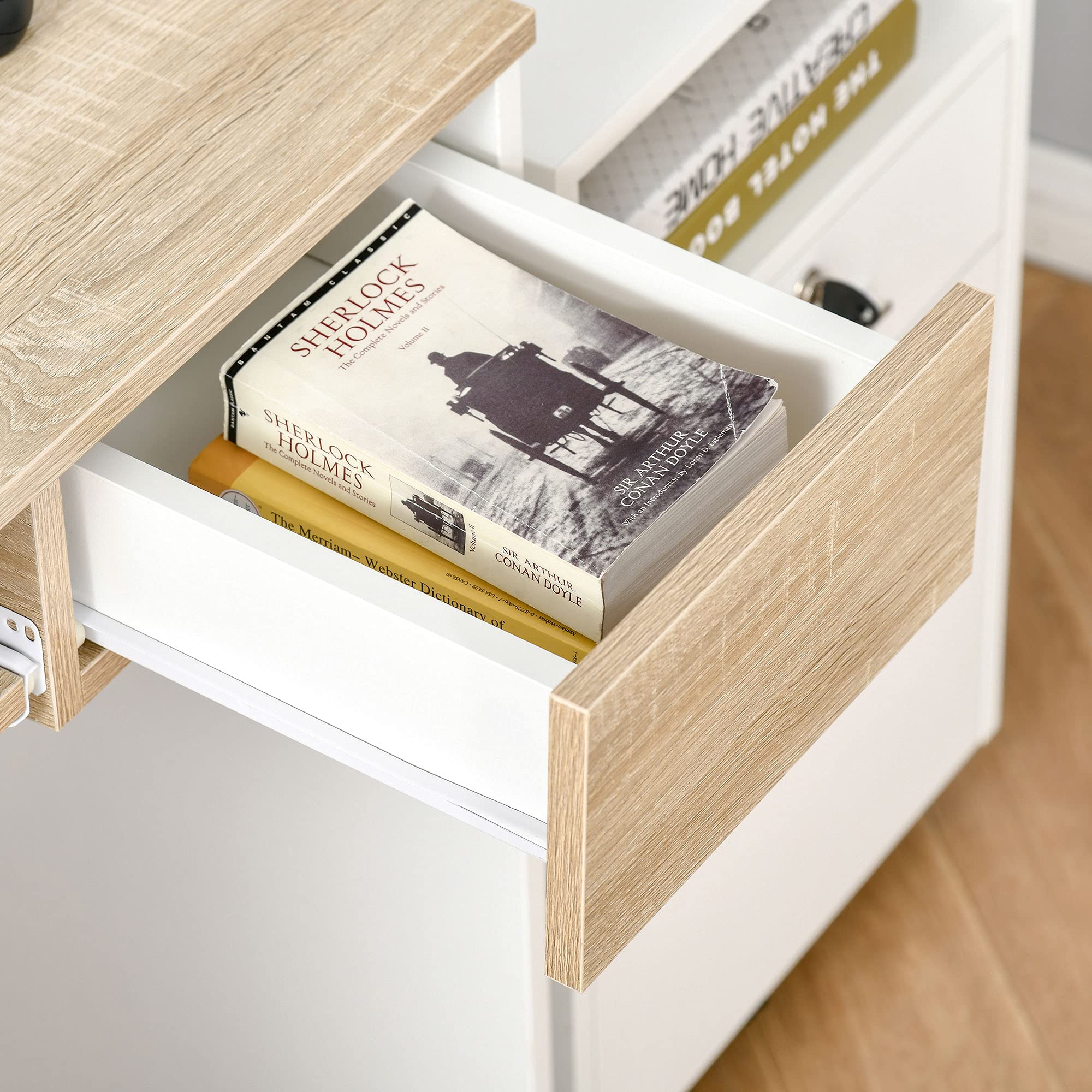 HOMCOM Scrivania Ufficio, 80x45x75 cm Scrivania Salvaspazio con Vassoio Tastiera, Cassetto per Documenti, Tavolo Computer per Casa Studio Ufficio, Rovere e Bianco
