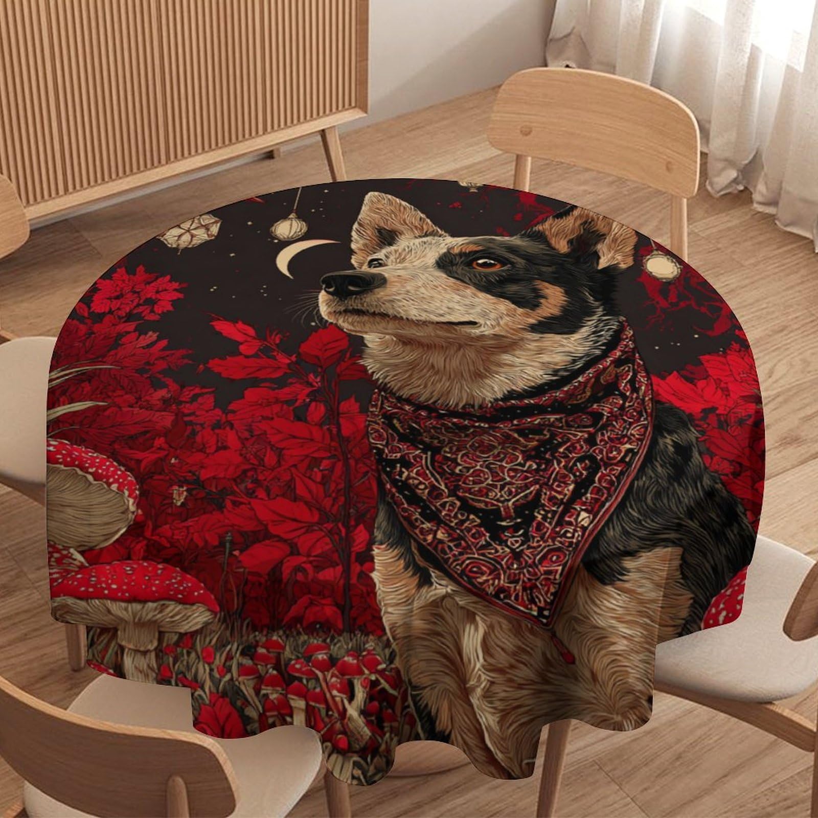 LUYYSKY Abstract Classic Cute Puppy Round Tablecloth Beautiful Animals Puppies Dogs Mushrooms Pattern Washable Decor for Table Cover for Kitchen-127 Wx127 L cm