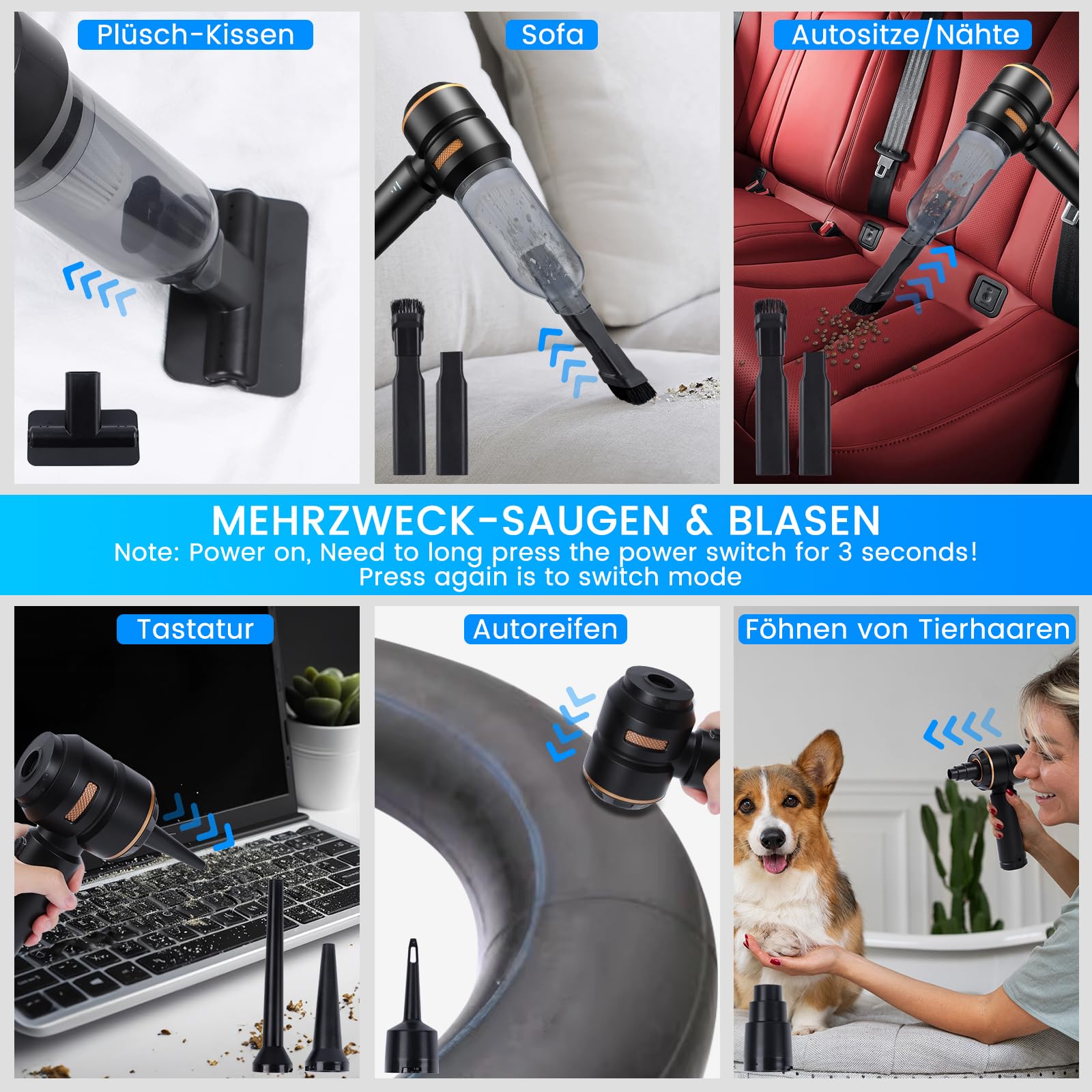 HOVIN Aspirateur Voiture Puissant sans Fil - 20000PA Aspirateur A Main, Mini Aspirateurs Voiture,3 Vitesses Aspirateurs Souffleur Voiture,Peut êTre Utilisé comme Gonfleur Electrique,6000mah (Noir-Or)