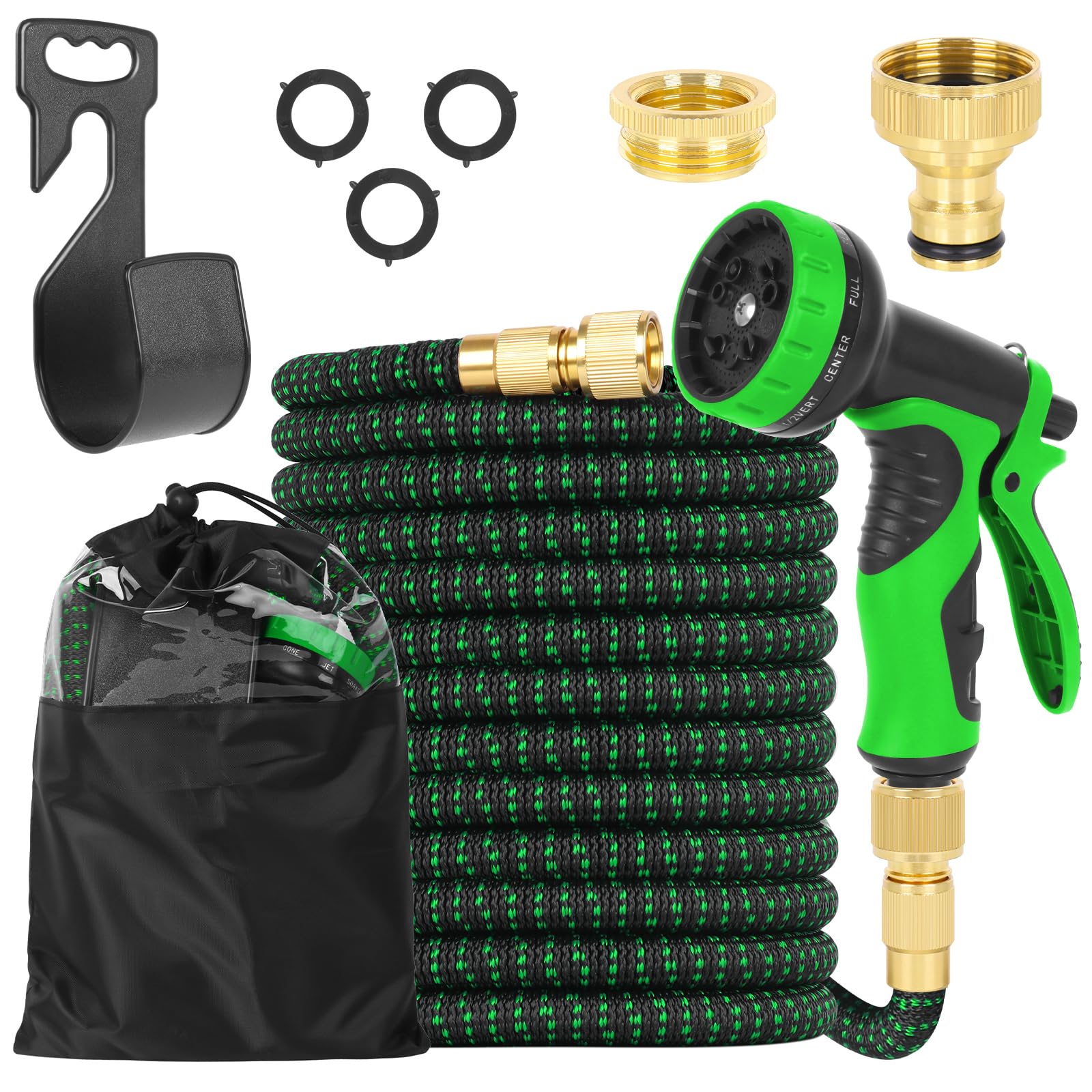 Expandable Garden Hose 50FT/15m with 10-Pattern Spray Gun, Green & Black