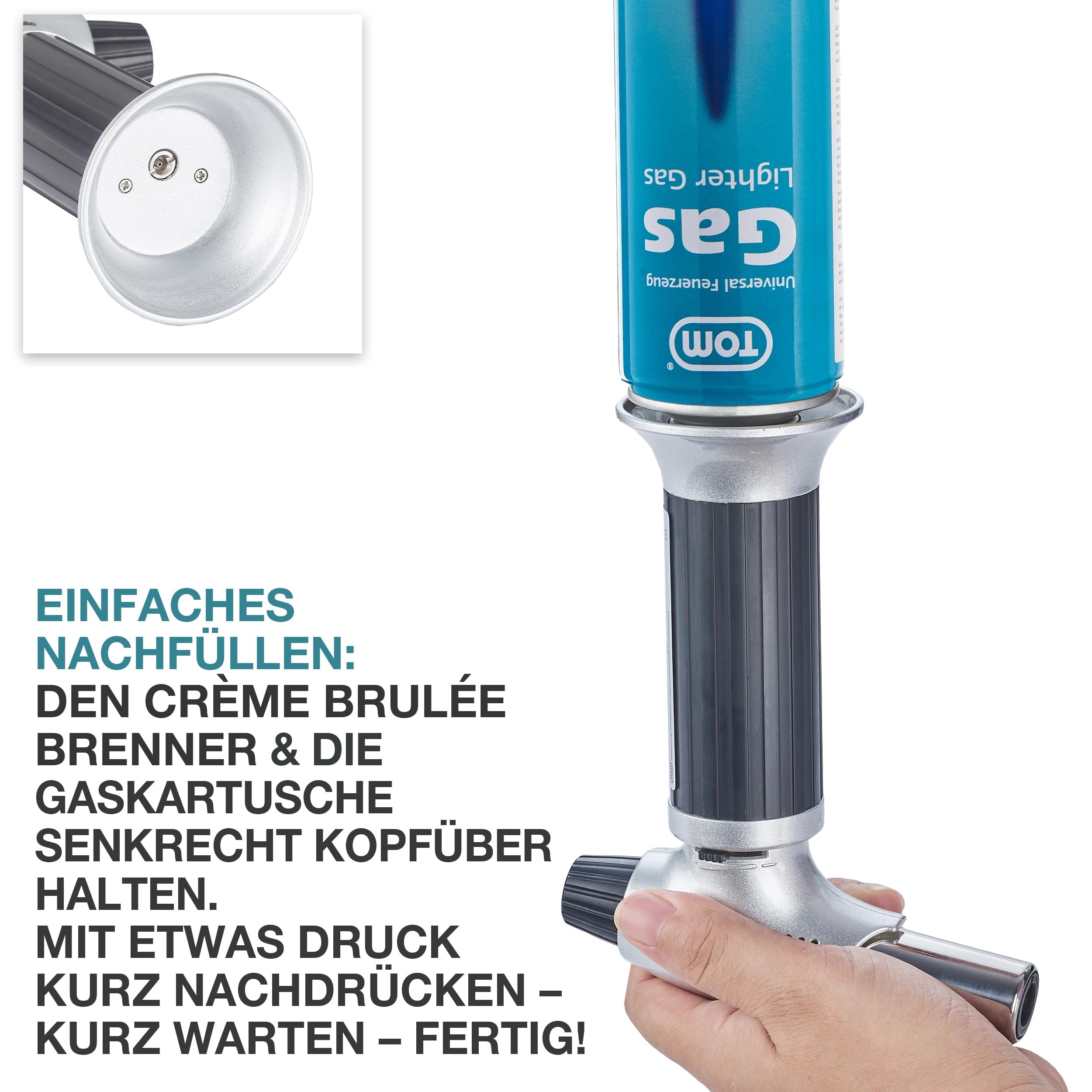 TOM Creme Brulee Brenner - MIT Gas befüllt – inkl. 1 x 100 ml Gas Kartusche zum Nachfüllen – Bunsenbrenner mit 1300°C Flamme – Küchenbrenner , Camping & Werkstatt – Flambierbrenner Küche