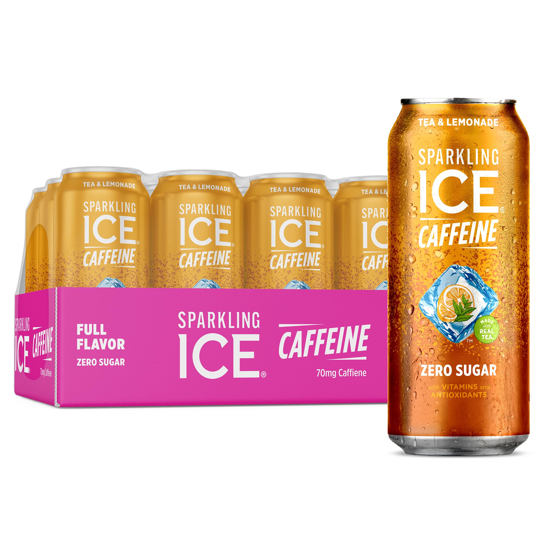 Sparkling Ice Caffeine Tea + Lemonade Sparkling Water with Caffeine, Zero Sugar, with Antioxidants and Vitamins,16 fl oz Cans (Pack Of 12)