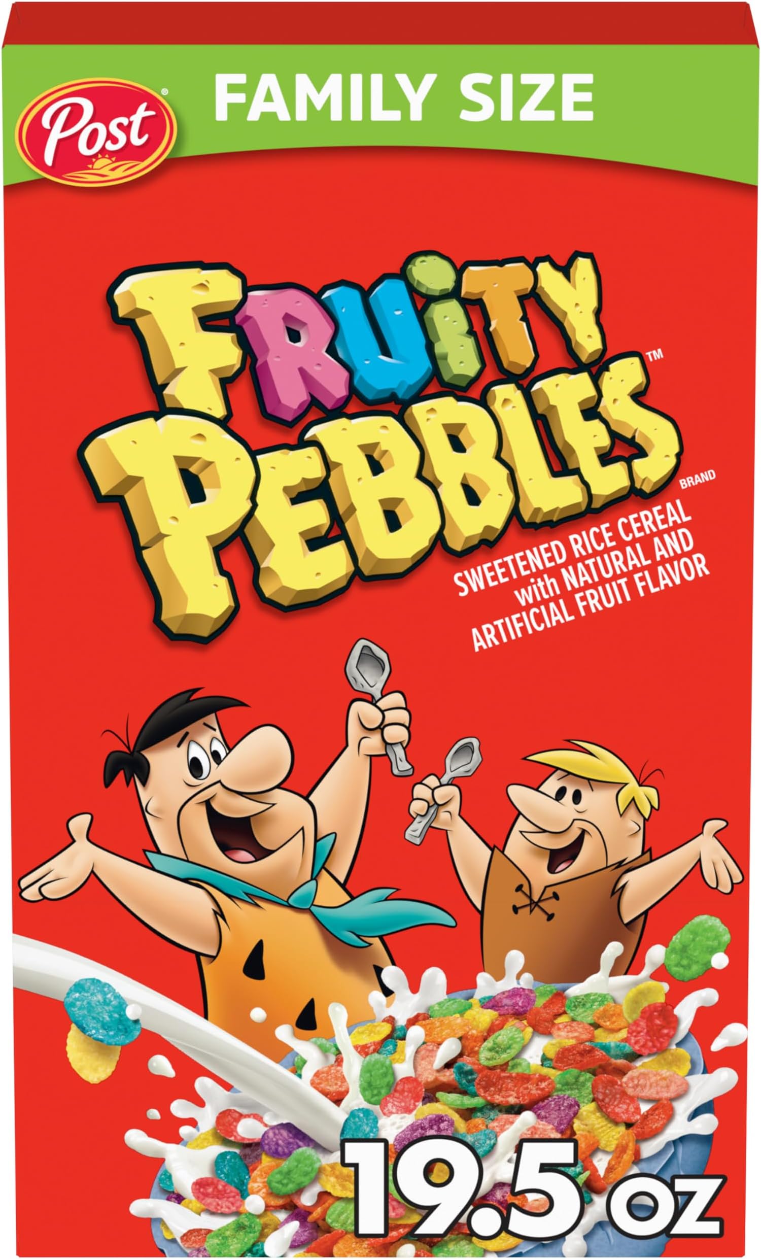 Pebbles Fruity PEBBLES Cereal, Fruity Kids Cereal, Gluten Free Rice Cereal for Kids, 19.5 OZ Family Size Cereal Box