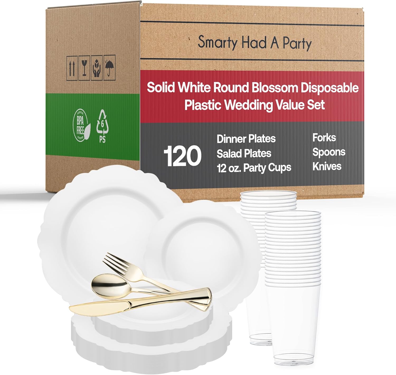 Smarty Had A Party Elegant Disposable Plastic Heavy Duty Dinnerware Sets, Blossom Rim Design Plastic Plates, For Wedding, Birthday & All Occasions (White, Wedding Value Set (120 Guests))