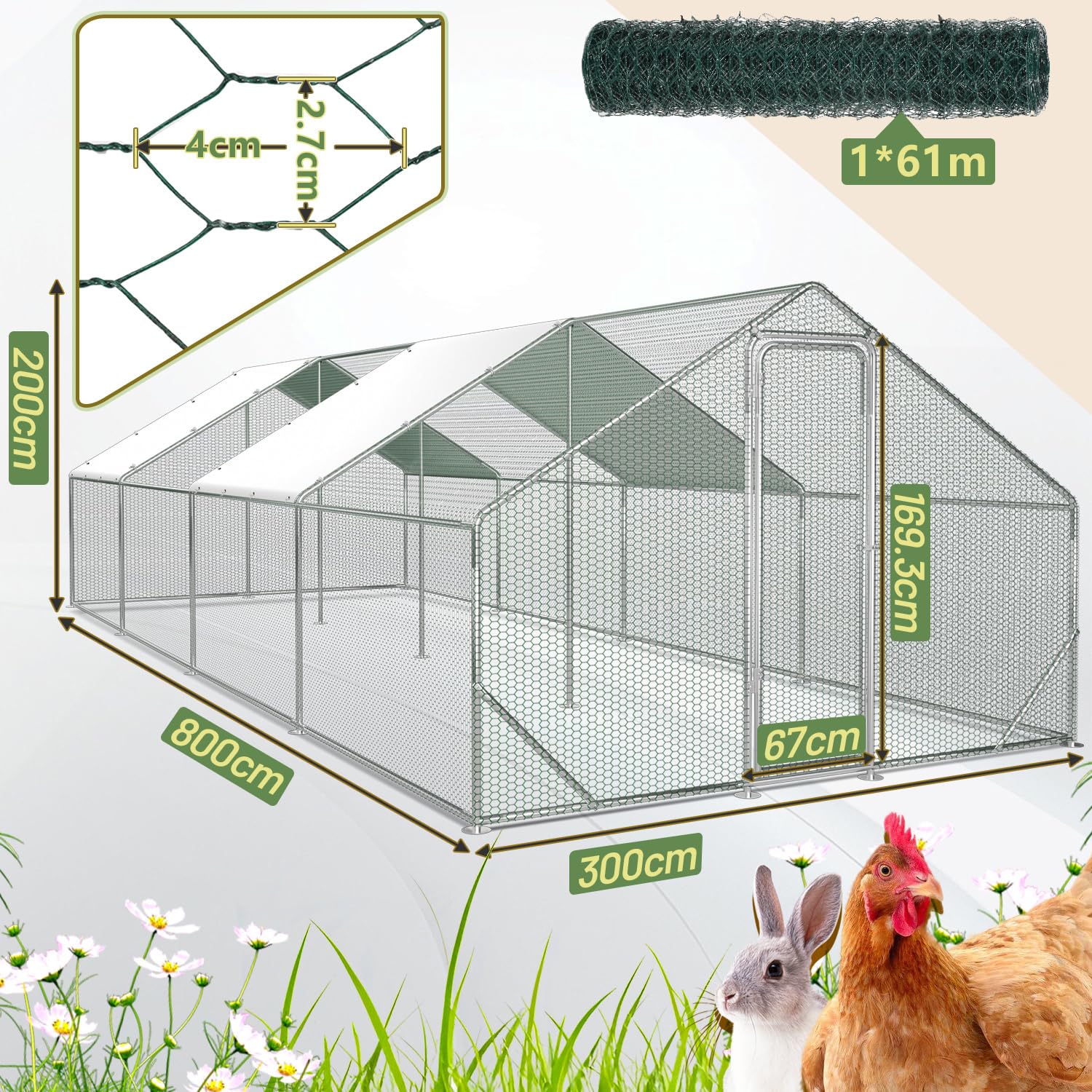 Sonnewelt Freilaufgehege 3x8x2m Hühnerstall Verzinkter Stahl Kleintierstall Hühnerhaus Dach Geflügelstall mit Sonnenschutzdach und Tür für Haustierkäfig Hühnerkäfig Vogelkäfig Kleintiere Pflanzen