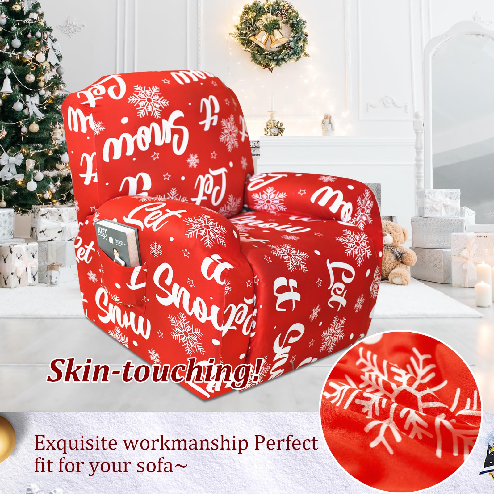 Jaotto Copripoltrona Relax Natalizia Reclinabile Fodere Copripoltrona 1 Posto per Natale Universale Copripoltrona Relax Reclinabile con Tasche Lavabile Xmas Coperture per Divano da Massaggio,Snow