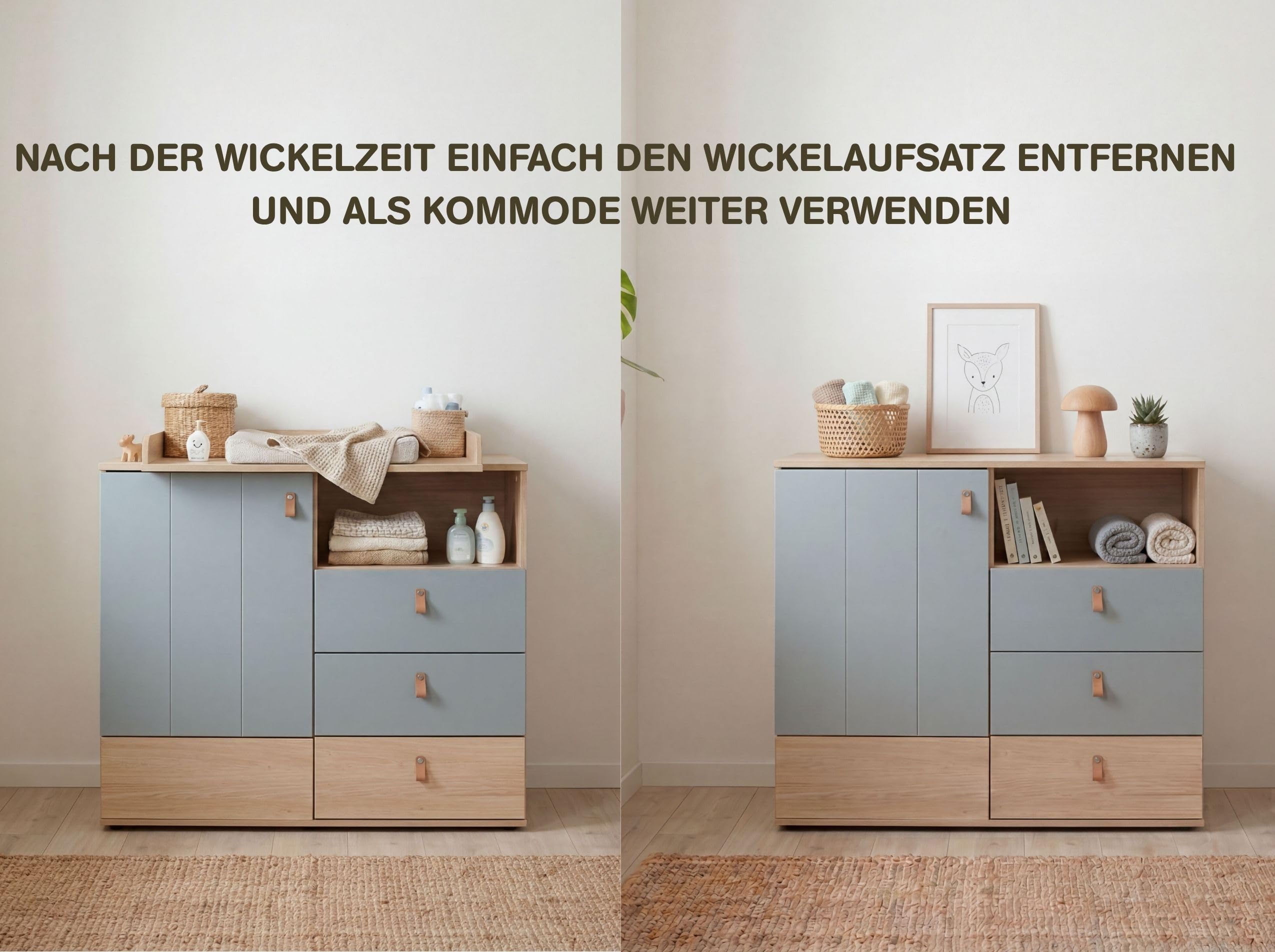 Roofy Babyzimmer Set 6-TLG – inkl. Babybett (umbaubar), Wickelkommode & Kleiderschrank – Made in Germany, Soft-Close – Skandi-Look in Salbei/Nagano Eiche