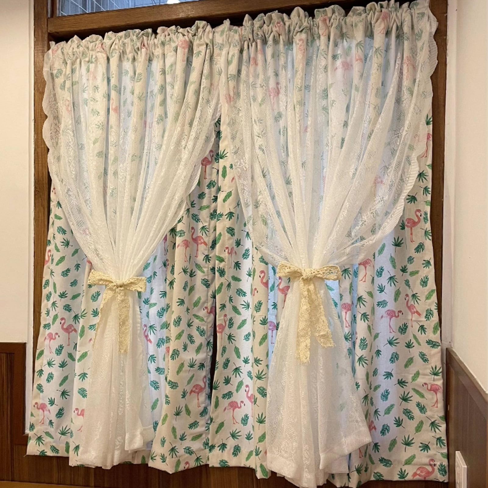 Zzyk Paste Washed Summer Printed Linen Kitchen Short Curtains,Double Layers White Lace Window Valances Privacy Cabinet Curtain Panels For Living Room Cafe Laundry,,57" W X 79" L