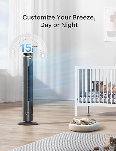 Miniatura 3 de Pelonis Ventilador de torre de 42 pulgadas para dormitorio, ventilador de pie con oscilación de 90, 28 piess, 5 velocidades y 4 modos, modo