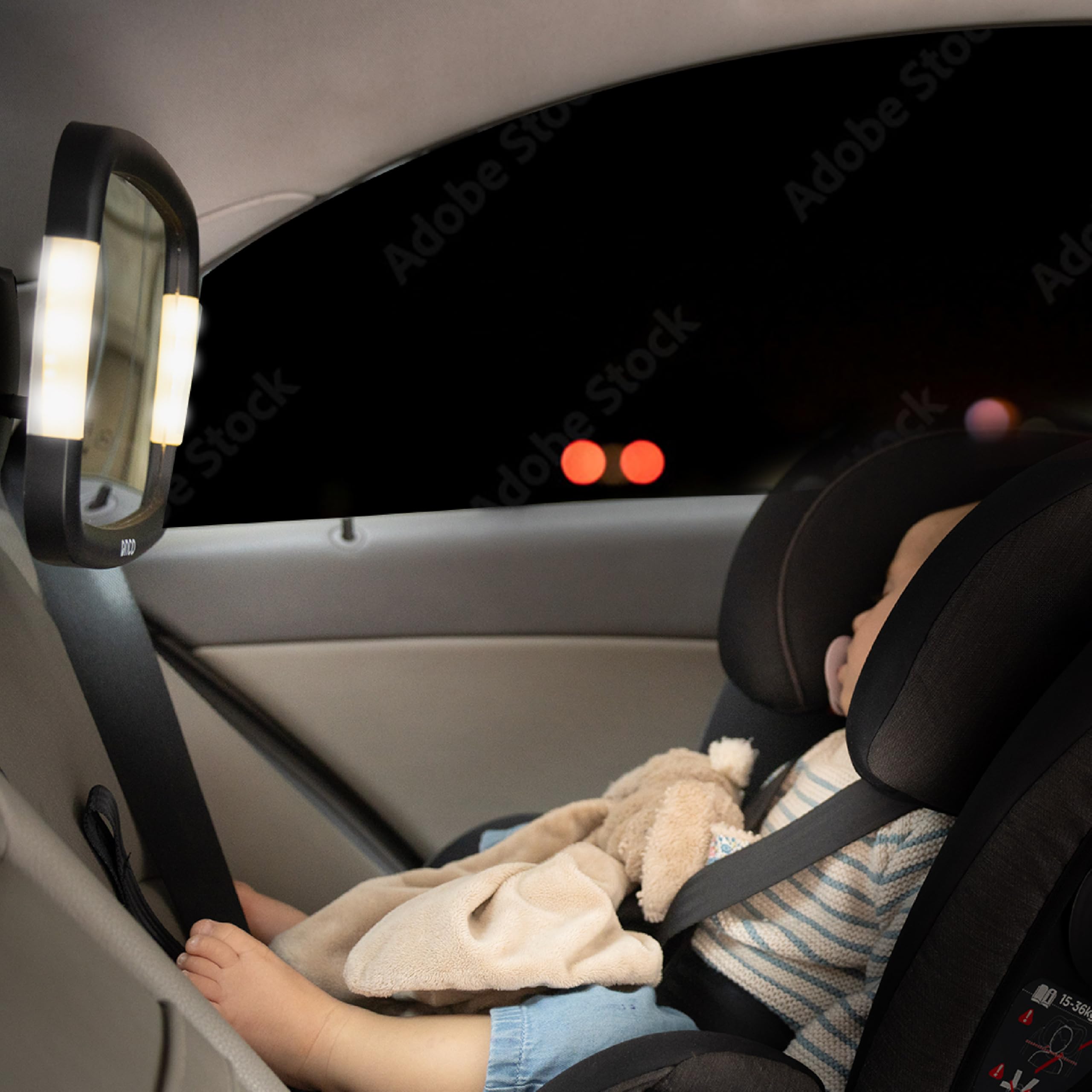 Onco Espejo Coche Bebé Con LED - 2 Modos de Luz Ambiental, 100% Irrompible, Ajuste Universal y Orientable 360°, Asiento Trasero, Retrovisor, Accesorios