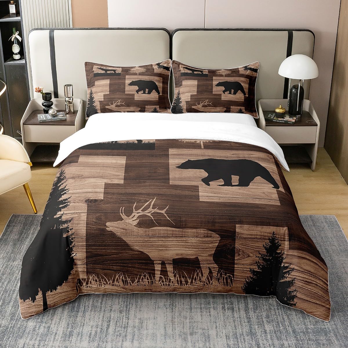 Homewish Rustic Cabin Lodge 100% Cotton Duvet Cover Double,Hunting Elk Deer Bear Comforter Cover,Country Farmhouse Old Barn Door Bedding Set,Wild Animals Woodland Adventure Bedspread Cover,Brown