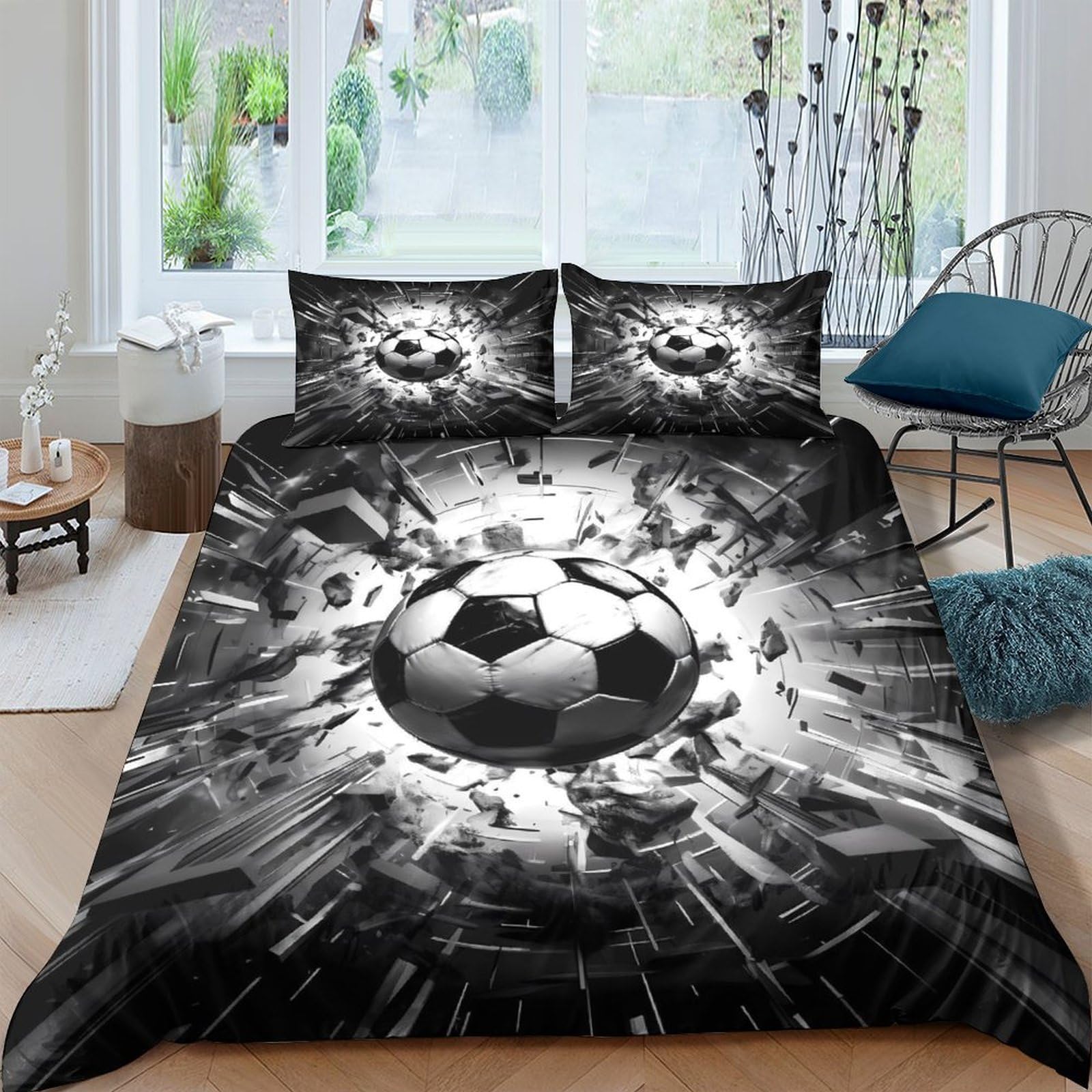 Ctjqhvkz Style-2 3D Printed Black Soccer Ball Fitted Sheet Microfiber Modern Splash Bed Cover For Bedroom Dorm Mattress Protection Single（135X200cm）