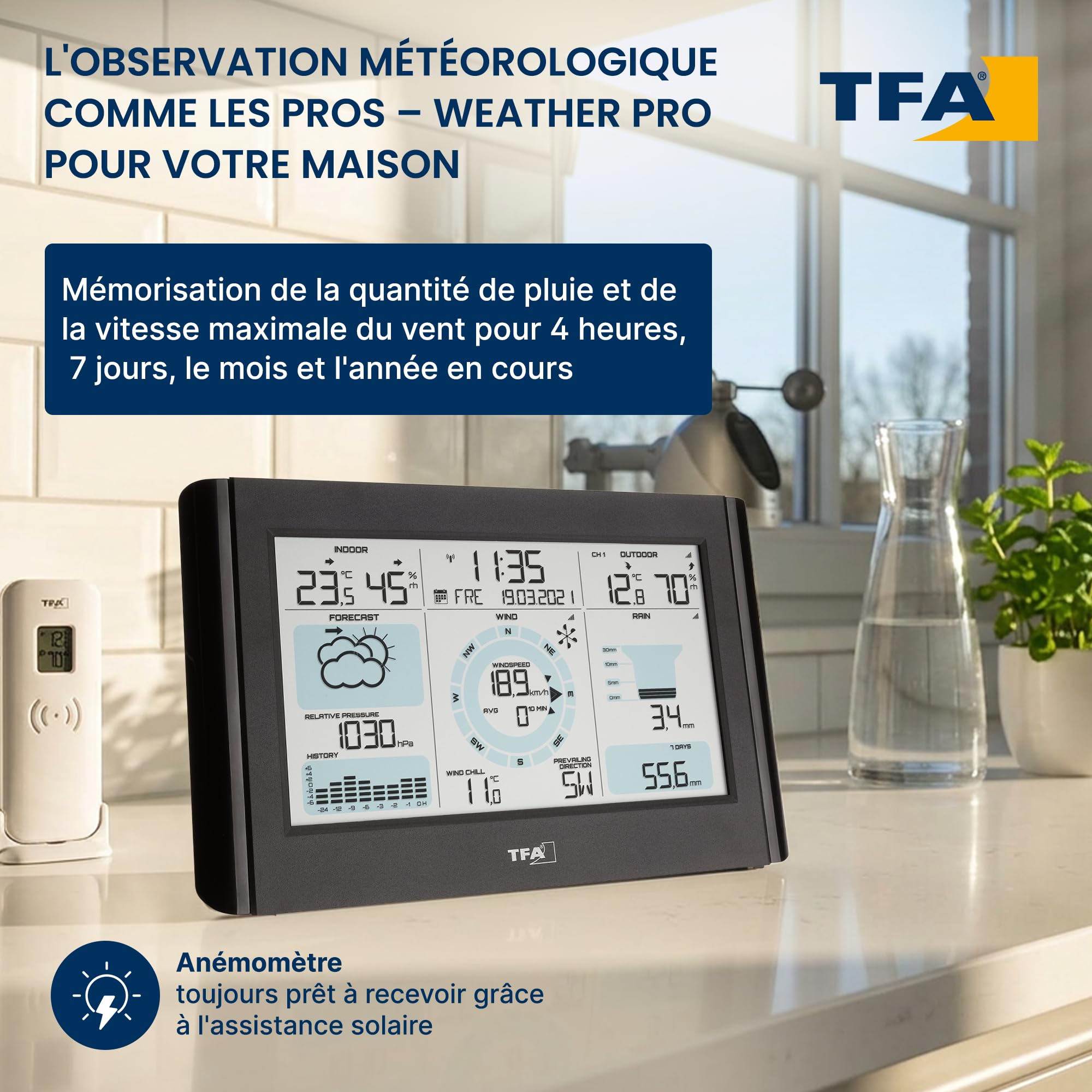 TFA Dostmann Weather Pro Station météo sans fil, 35.1161.01, avec anémomètre, pluviomètre, capteur extérieur, prévisions météo avec symboles, température int./ext., numérique, noir