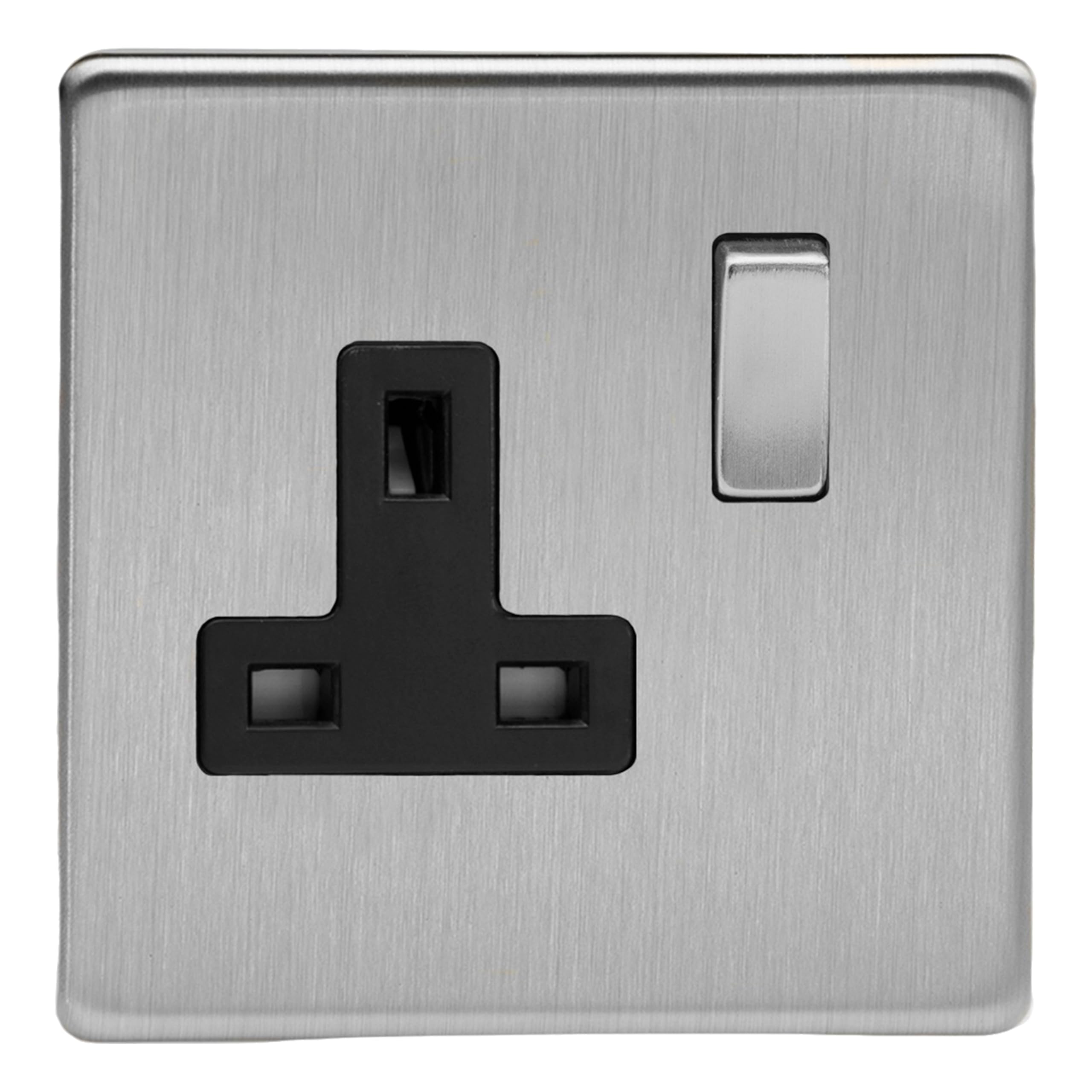 Varilight Single Switched Socket - Screwless Brushed Steel With Brushed Steel/Black Insert, 86x86x32mm