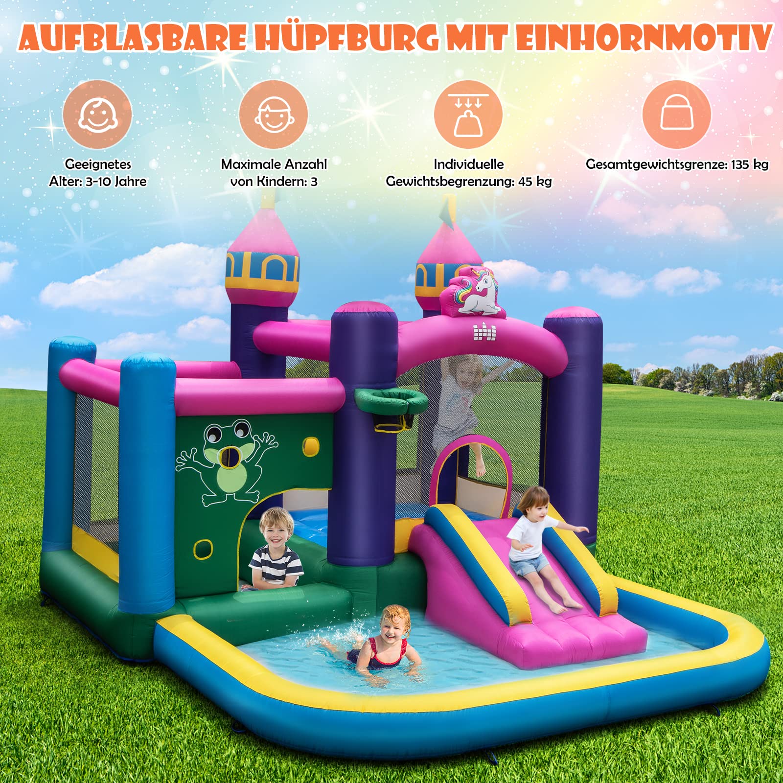 COSTWAY Hüpfburg mit Gebläse, Sprungbereich, Rutsche & Planschbecken, Kinder Springburg für Indoor & Outdoor, inkl. Tragetasche, 327 x 392 x 270 cm