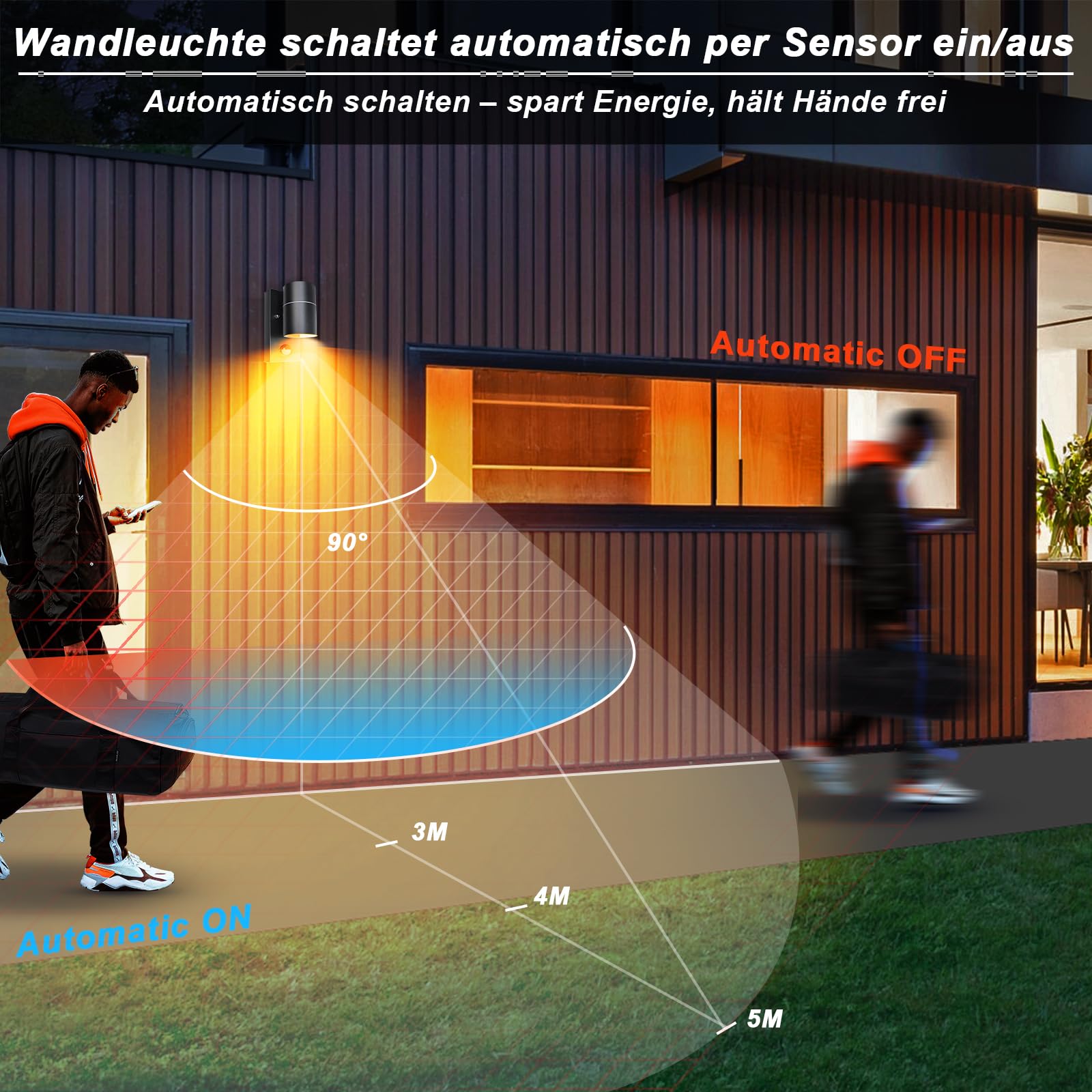 2er Aussenlampe mit Bewegungsmelder Schwarz IP44 GU10 inkl. 5W LED | Außenleuchte mit Bewegungssensor Aussenleuchten warmweiß Metall Terrasse Balkon Garten Eingang Garage 230V 2x5W 500lm licht