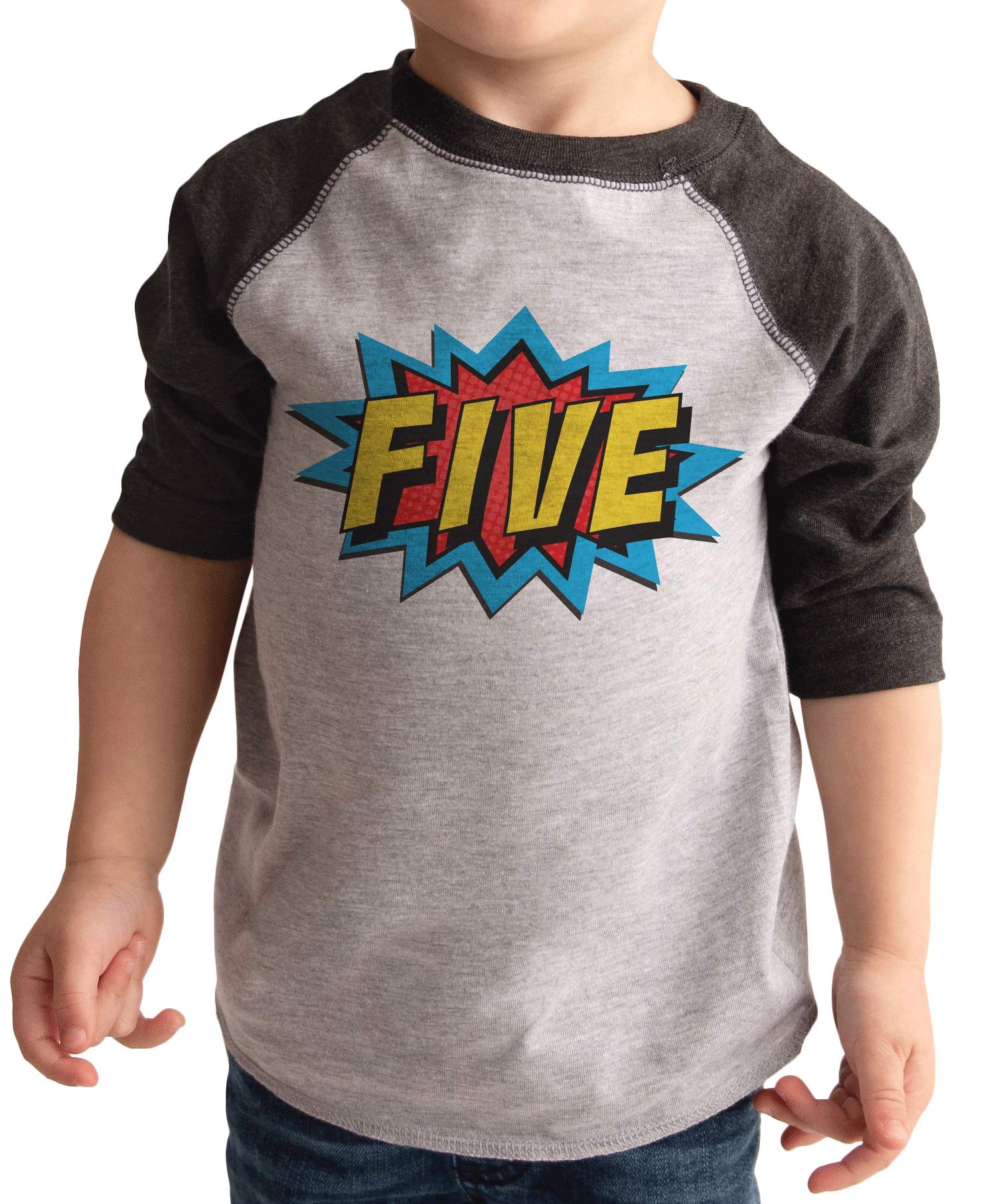 7 ate 9 Apparel Boy's Birthday Five 5 Fifth 5th Superhero Grey Raglan 5T