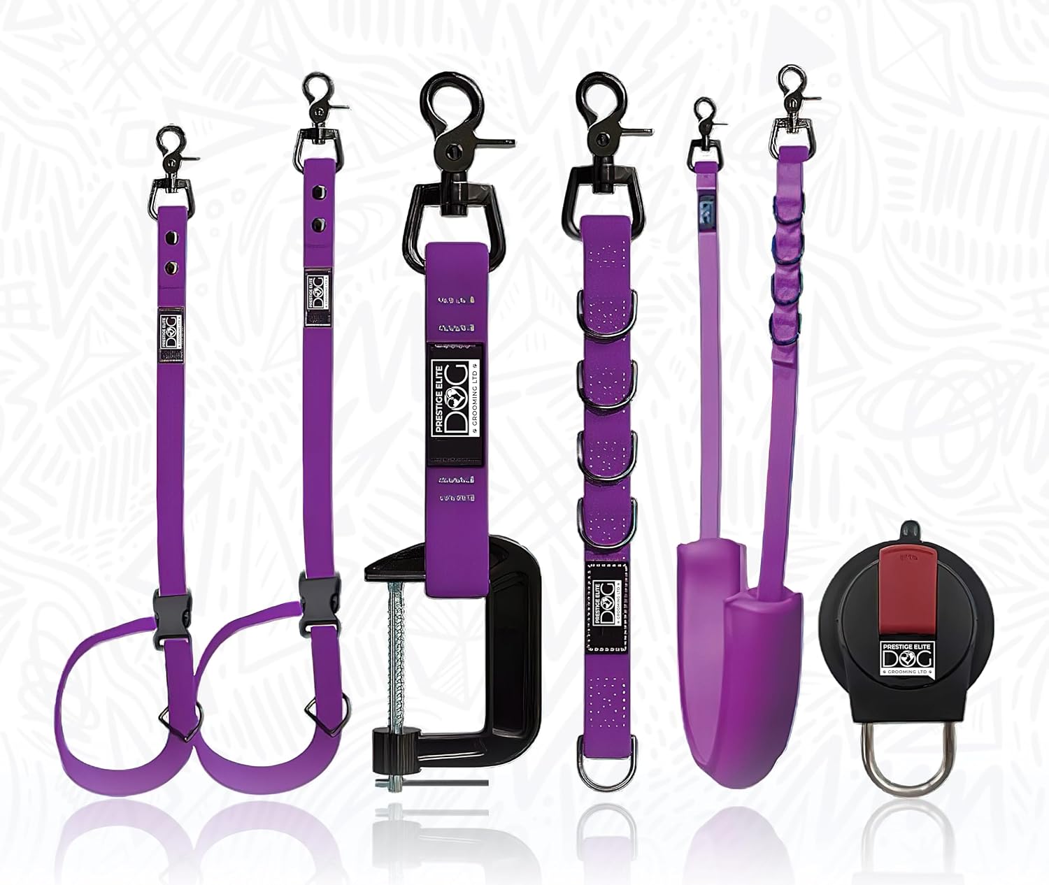 Prestige Elite - Set of 6 - Dog Groomers Helper Grooming Loops for Pet Groomers Adjustable Biothane Dog Grooming Loop, Belly Strap, Grooming Noose, Extension Strap & Suction Cups - Grooming Leash