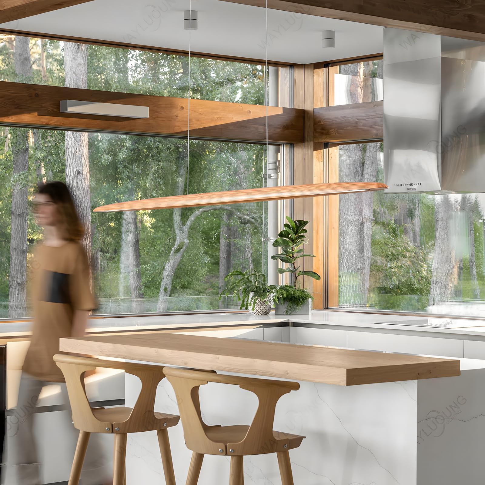 LED Holz Pendelleuchte Esstisch Pendelleuchte, Dimmbar mit Fernbedienung Pendellampe, Höhenverstellbar, Modernes Geradliniges Design Wohnzimmerlampe Hängend für Büro Esszimmer (100cm)