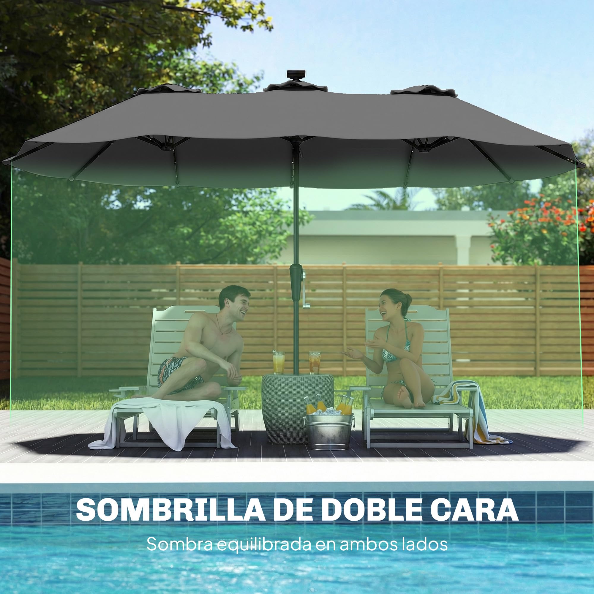 Outsunny Sombrilla Doble con 36 Luces LED Solares, 4x2 m, Sombrilla Terraza Exterior con Manivela, UPF50+, 12 Varillas, Resistente al Agua, Parasol para Jardín, Terraza, Patio — view 4