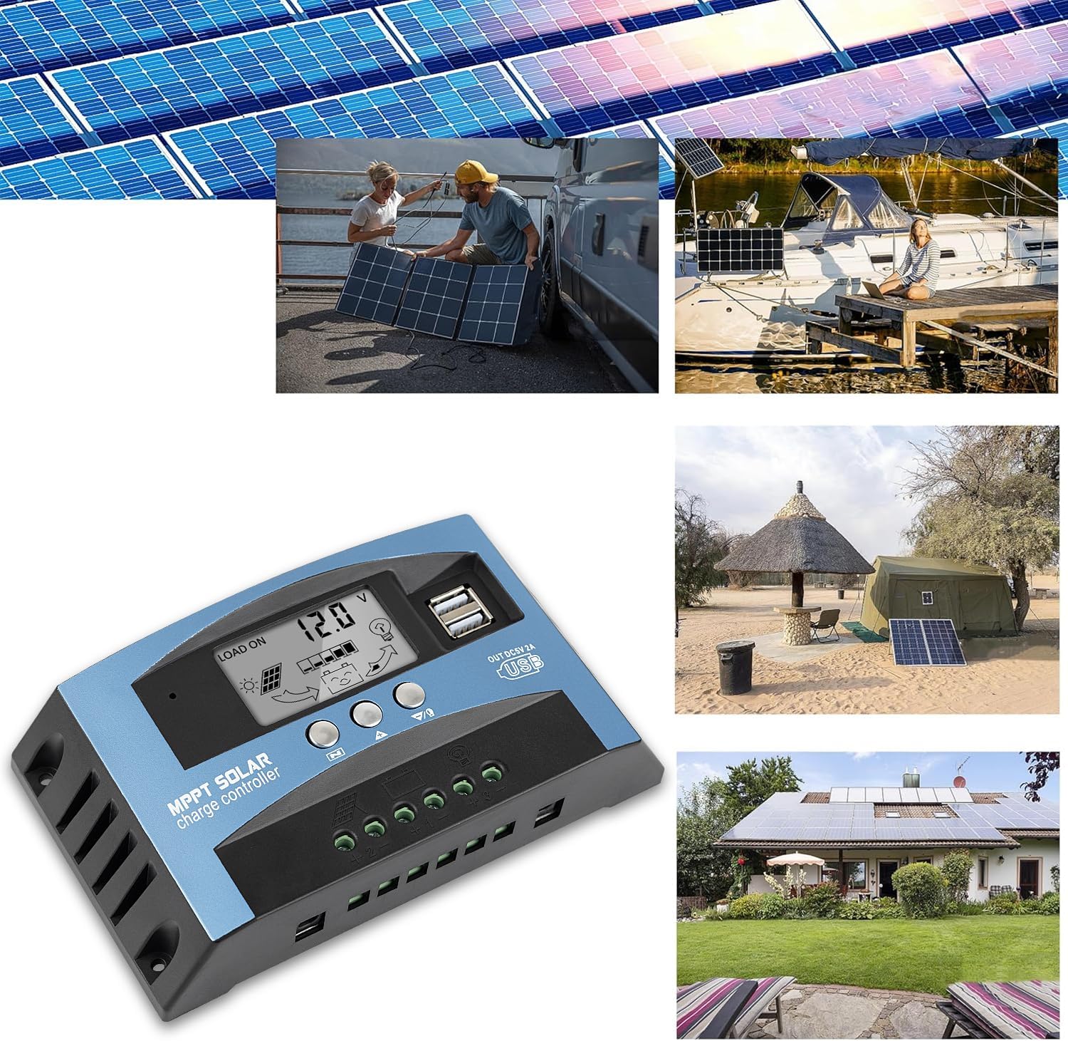 100A MPPT Solar Panel Charging Controller, 12V/24V Auto Solar Battery Charger Controller with LCD Display, Dual USB Port and Timer Setting ON/Off Hours