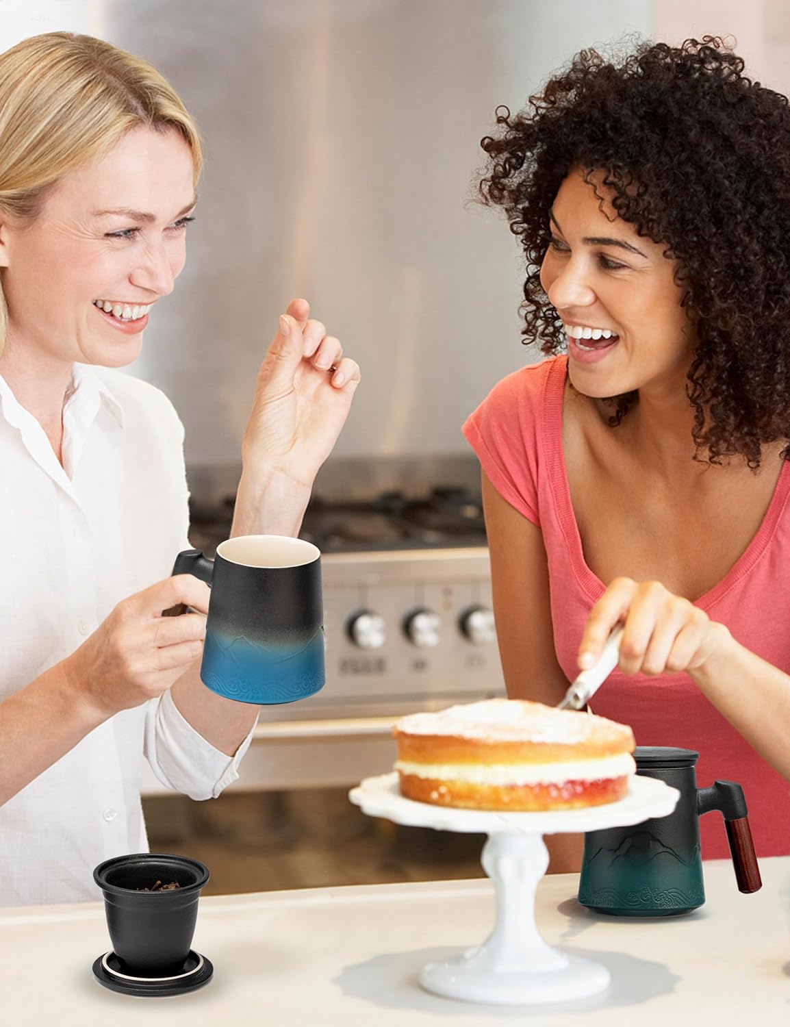 suyika Tea Cup with Infuser and Lid, 15.2 Ounce Wood Handle Ceramic Loose Leaf Mug Gradient Black&Blue 450ml - Image 7