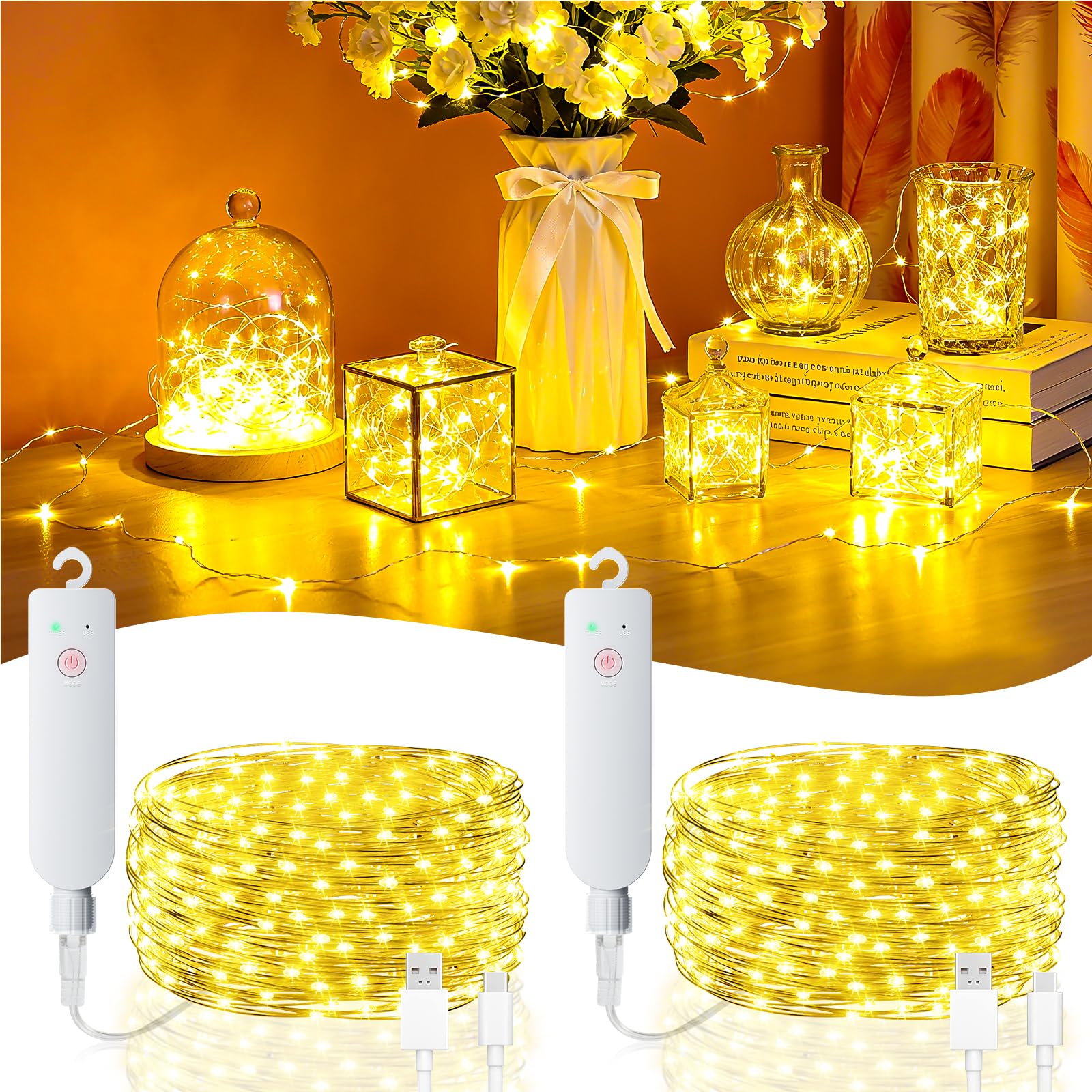 32FT(16 * 2) Fairy Lights Battery Operated, Rechargeable String Lights with Timer, Mini Waterproof LED Twinkle Lights for Bedroom, Christmas