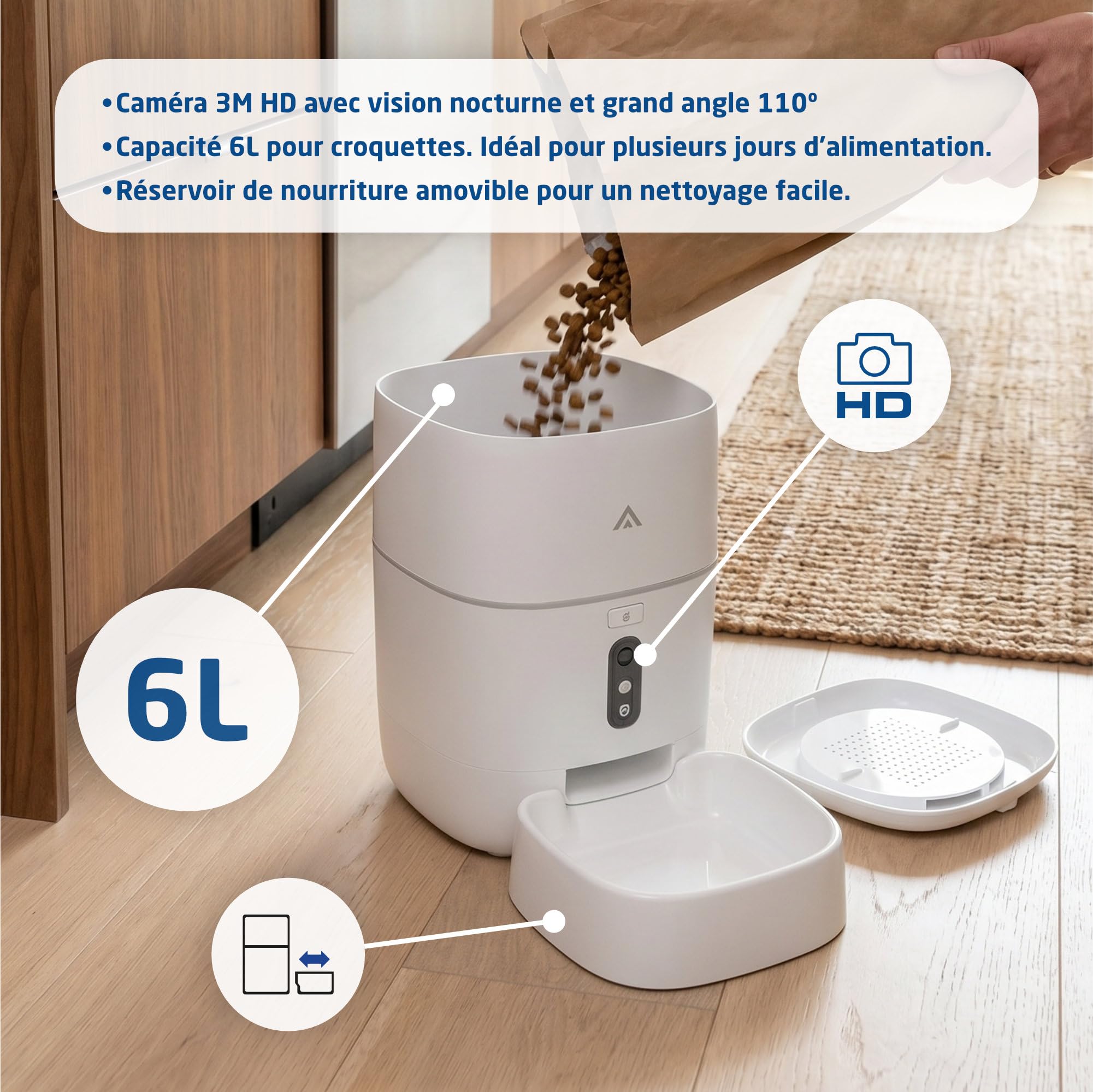 Distributeur Automatique - 6 litres - Caméra 3MP, WiFi et App - Programmation des Repas, Audio bidirectionnel, Vision Nocturne, Chargement USB-C ou Piles. pour Chats et Chiens - Mod. PF-BL6