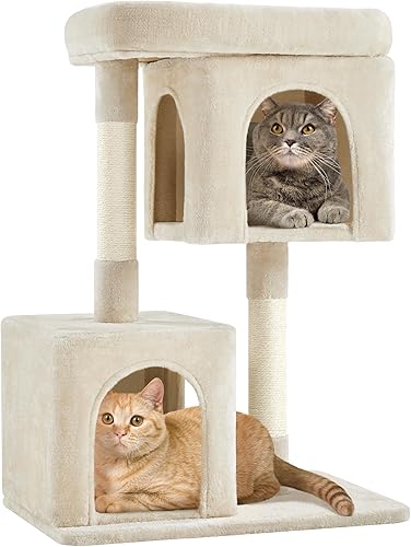 Yaheetech - Árbol para gatos, torre de gatos de 33.5 pulgadas con 2 acogedores condominios, percha suave y postes de rascar de sisal, muebles de