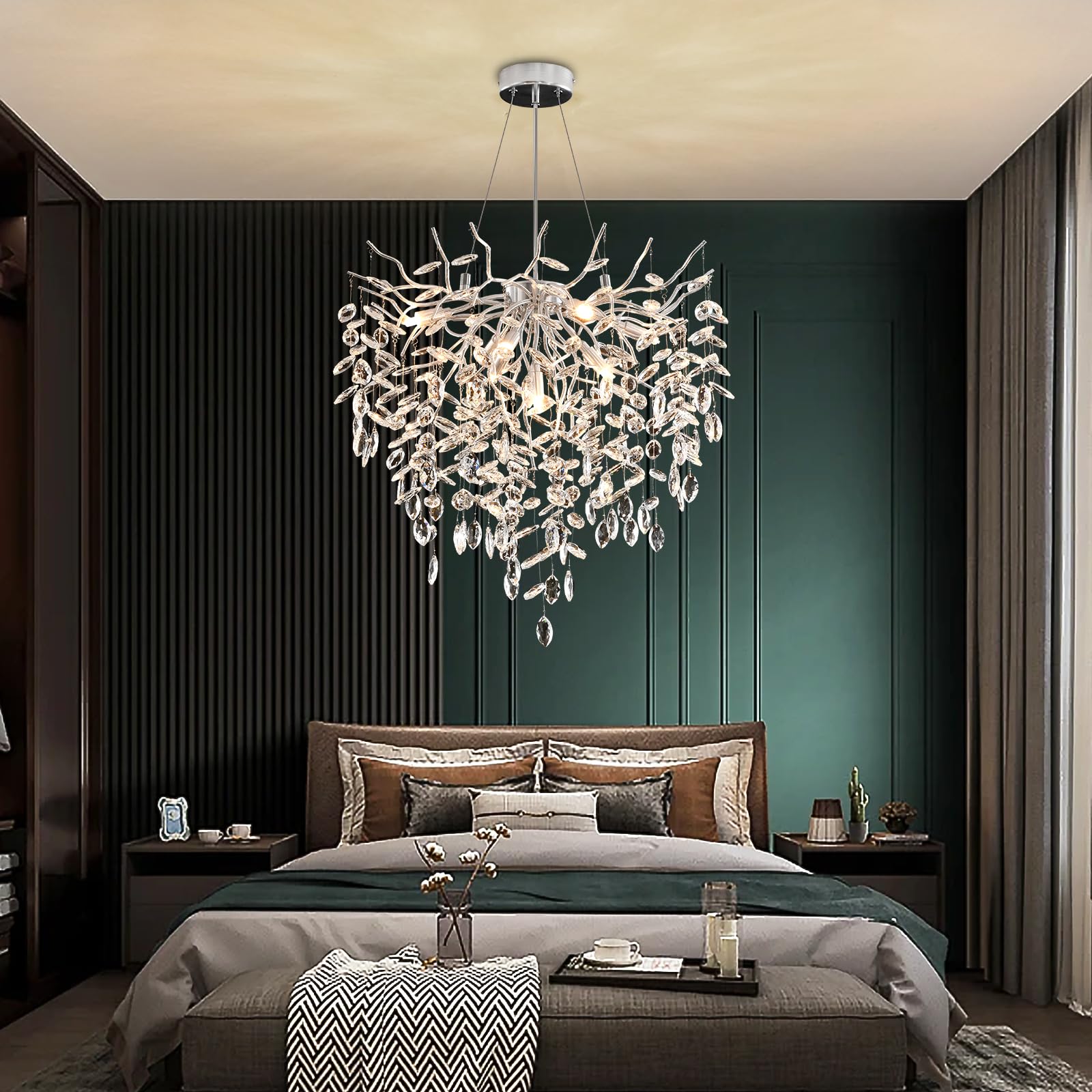 Modern Kronleuchter Kristall Golden, Große Luxus Raindrop Pendelleuchte, Rund Kristall Hängeleuchte Light Fixture, Luxury Tree Branch Kronleuchter für Kücheninsel, Esszimmer, 60cm