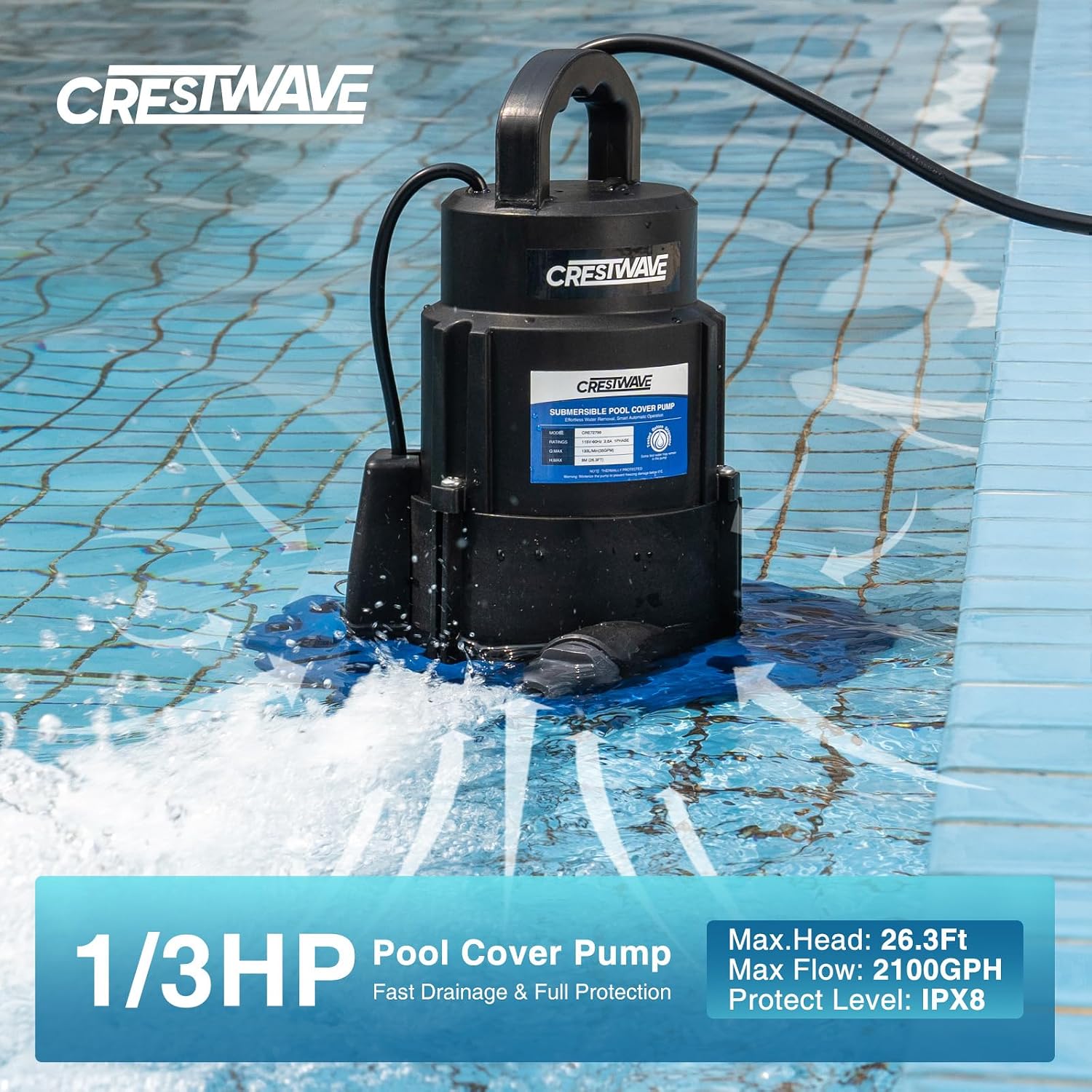 CrestWave Pool Cover Pump Automatic On Off, 1/3HP, 2950GPH Max | Fast Draining, Heavy Duty, 25ft UL Cord, 3/4" Adapters, for Pools, Pool Cover, Hot Tubs, Basements, 1Yr Warranty