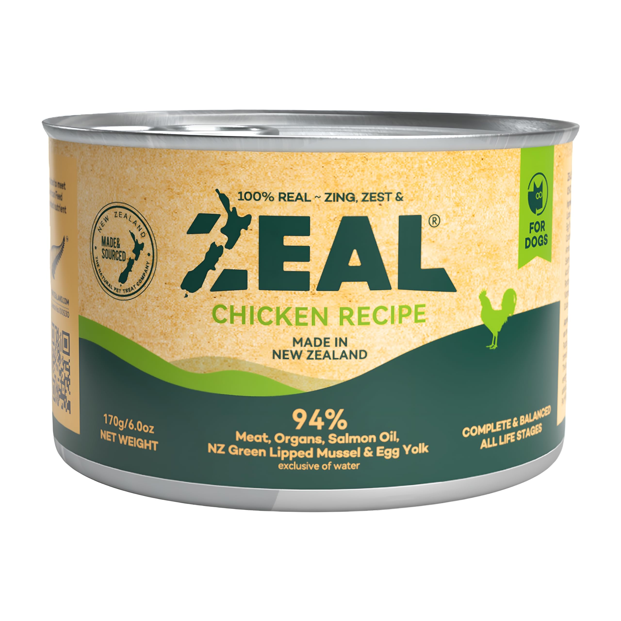 ZEAL New Zealand Canned Wet Dog Food – High Protein, Pure Nutrition, Grain-Free with Superfoods (Chicken, 6oz Can, 12-Pack Tray)