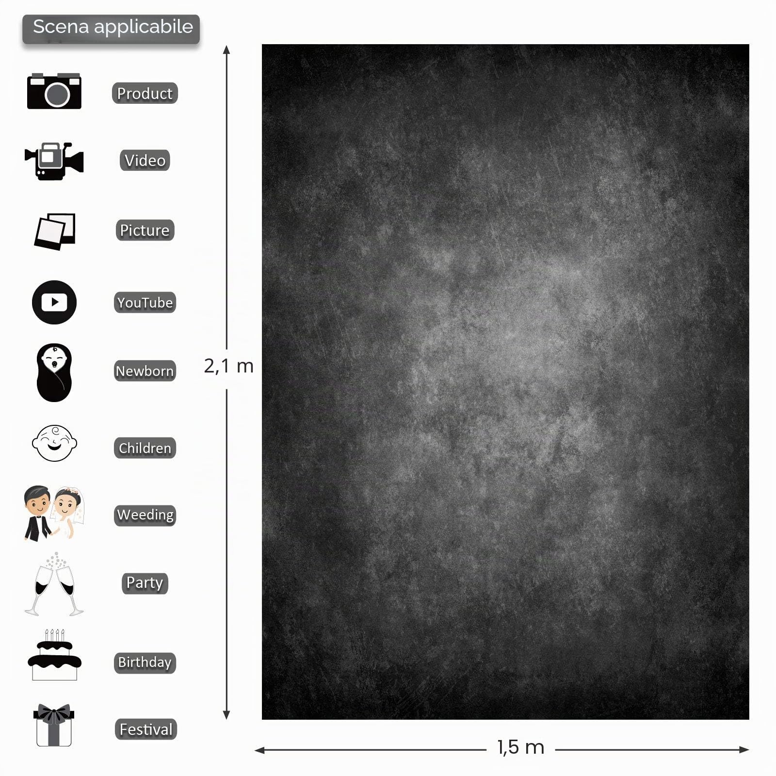 Sfondo Fotografico Astratto Grigio Scuro, 1,5 m x 2,2 m - Professionale per Studio, Con Tasca per Asta (Solo Sfondo)