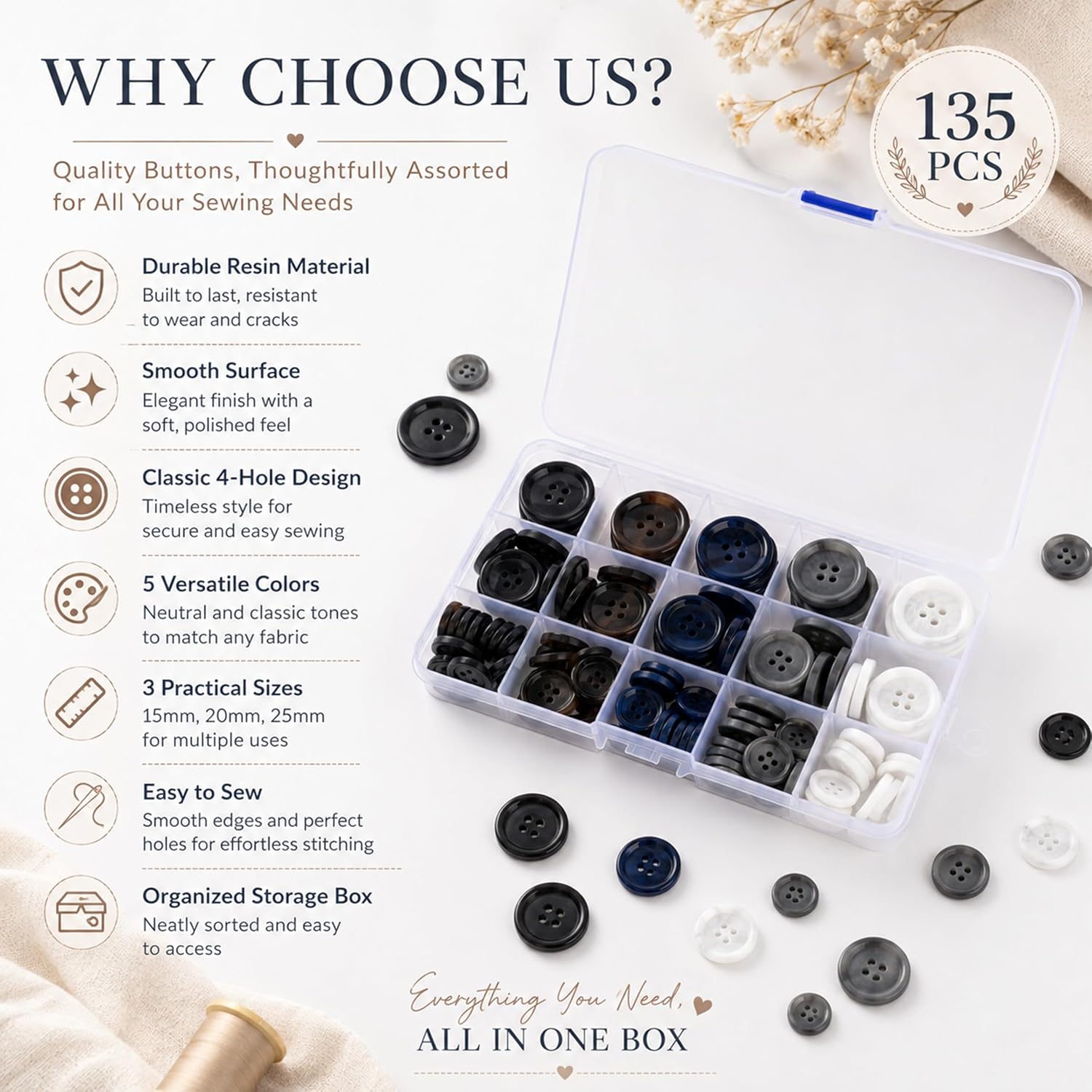 Assorted Buttons for Sewing Crafts,135Pcs 4-Hole Round Blazer Buttons, 5 Color 3 Size (15mm, 20mm, 25mm) Resin Button for Suit,Shirt,Coats,Clothes Sewing,DIY Craft