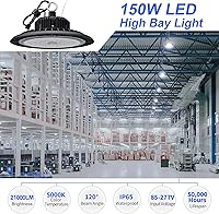 Vista 2 de Luz LED de alta bahía de 150 W 21000 LM con enchufe de EE. UU., cable de 5000 K, luz diurna de 5000 K, resistente al agua IP65, no tenue, almacén