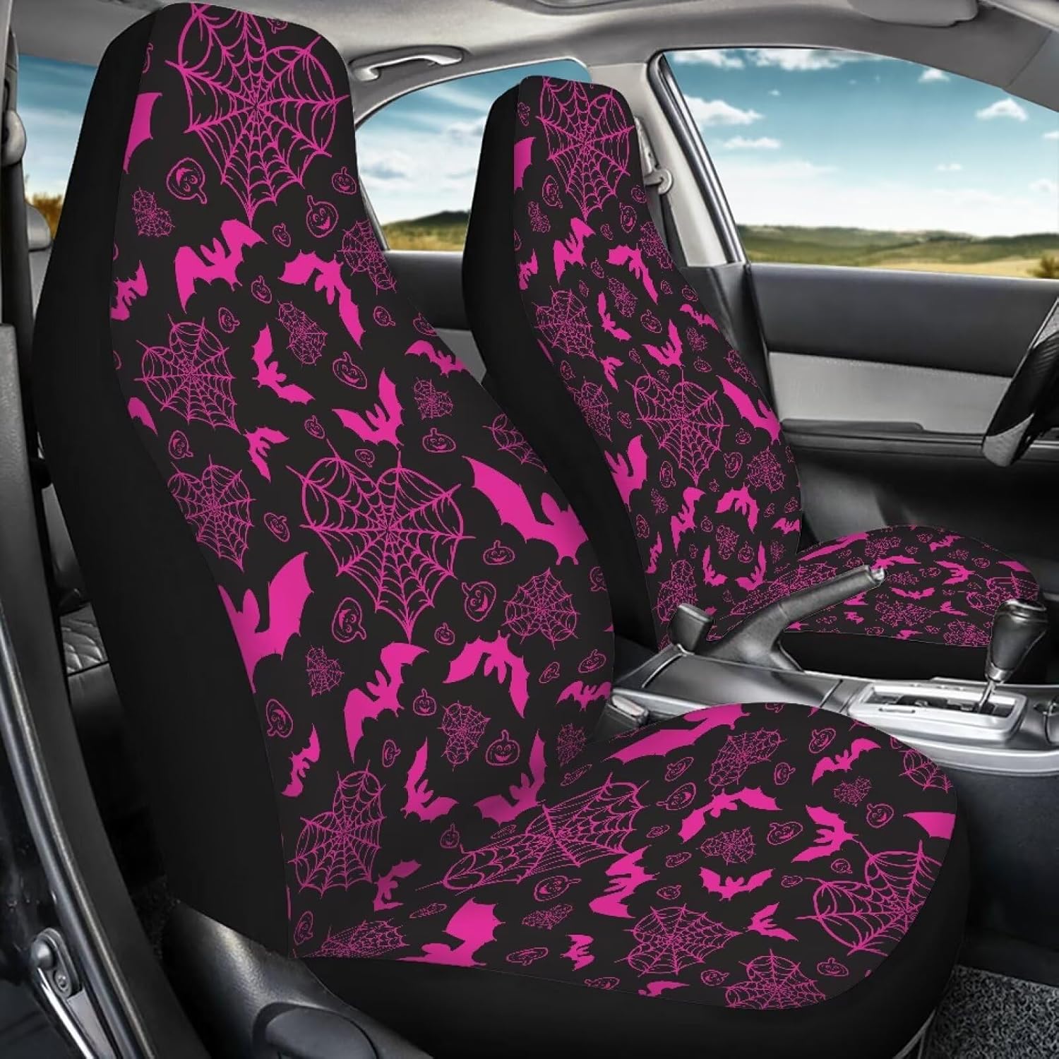 Halloween Bat Car Seat Covers Full Set, Pink Seat Covers for Cars, Front and Rear Car Seats Cover Cushions 4 Pcs Halloween Auto Accessories Protectors for SUV Sedan Van (Pink)
