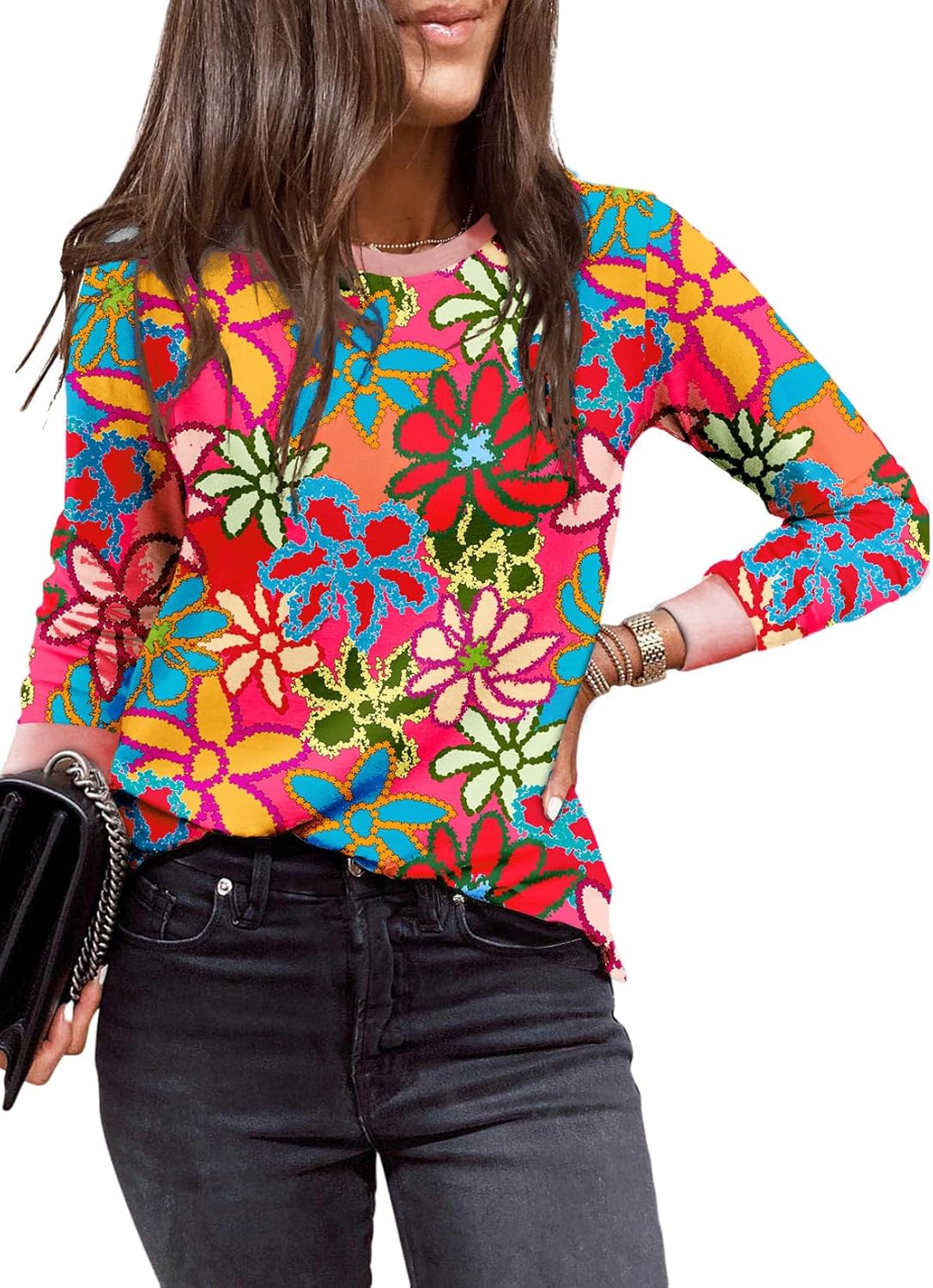 BLENCOT Women Long Sleeve Shirts Crewneck Leopard Print Casual Tunic Lightweight Fall Sweatshirts Basic Top Outfit