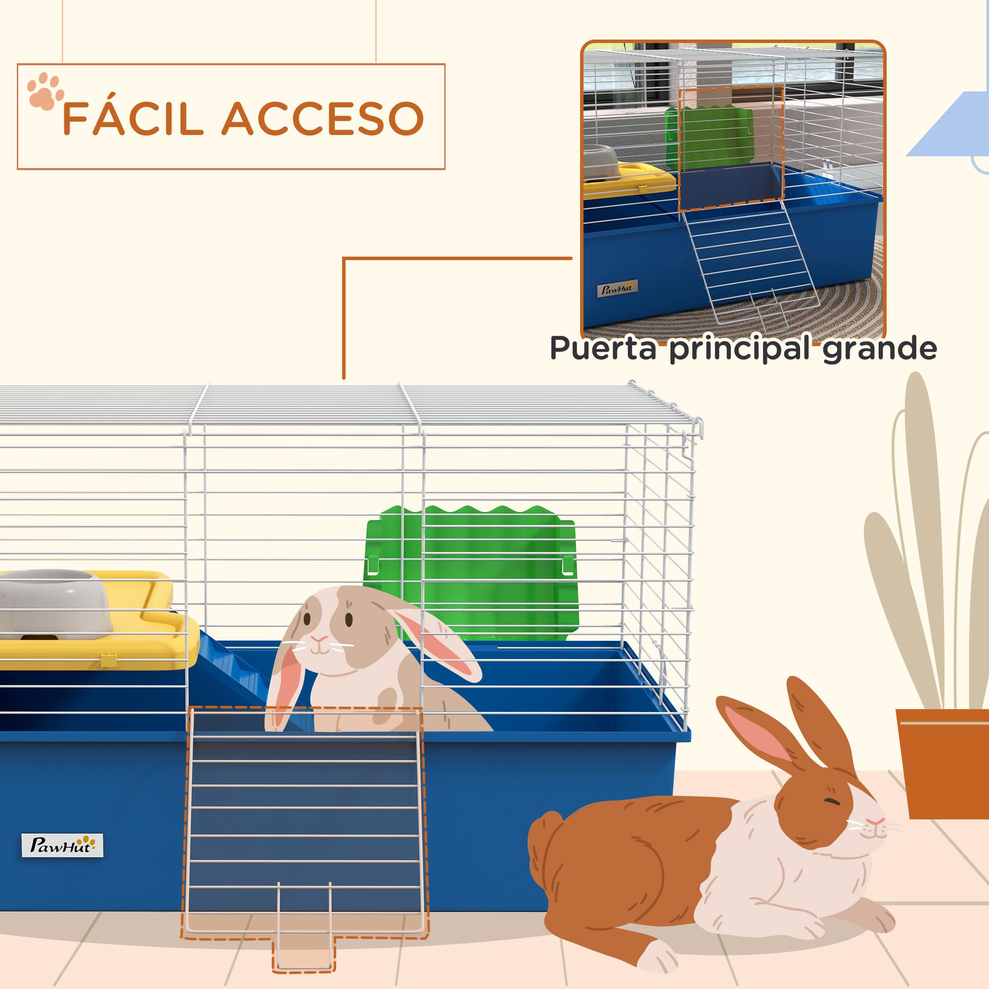 PawHut Jaula para Hurones con Bandeja Inferior Jaula para Animales Pequeños con Plataforma con Rampa Comedero y Bebedero Recinto para Conejos Pequeños Chinchillas Cobayas 71x46x47 cm Blanco y Azul