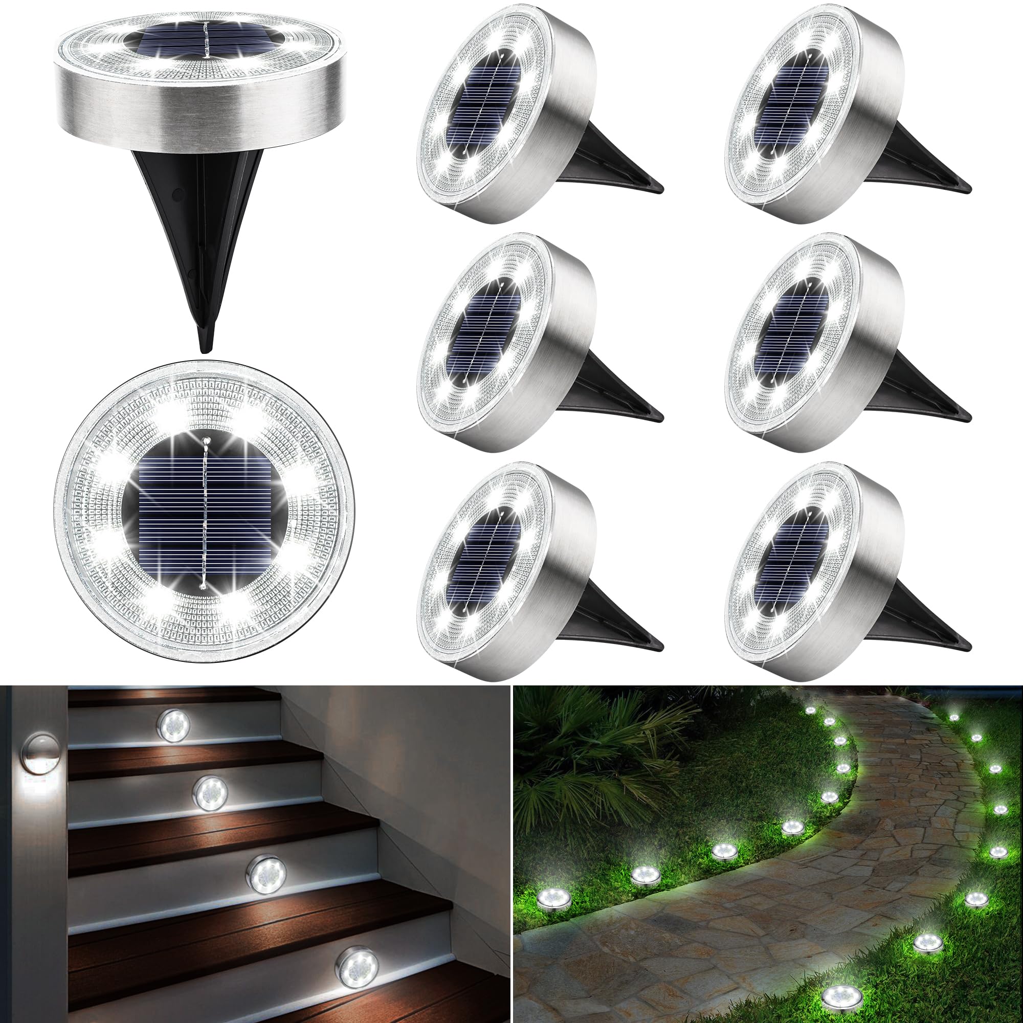 Joomer 8 Pezzi Luci Solari da Terra per Esterno, 8 LED Luci Solari Giardino Esterno 6000K Bianco Faretti LED Luce Sepolta IP68 Impermeabile Luce Solare Giardino per Prato Vialetto Passerella Patio