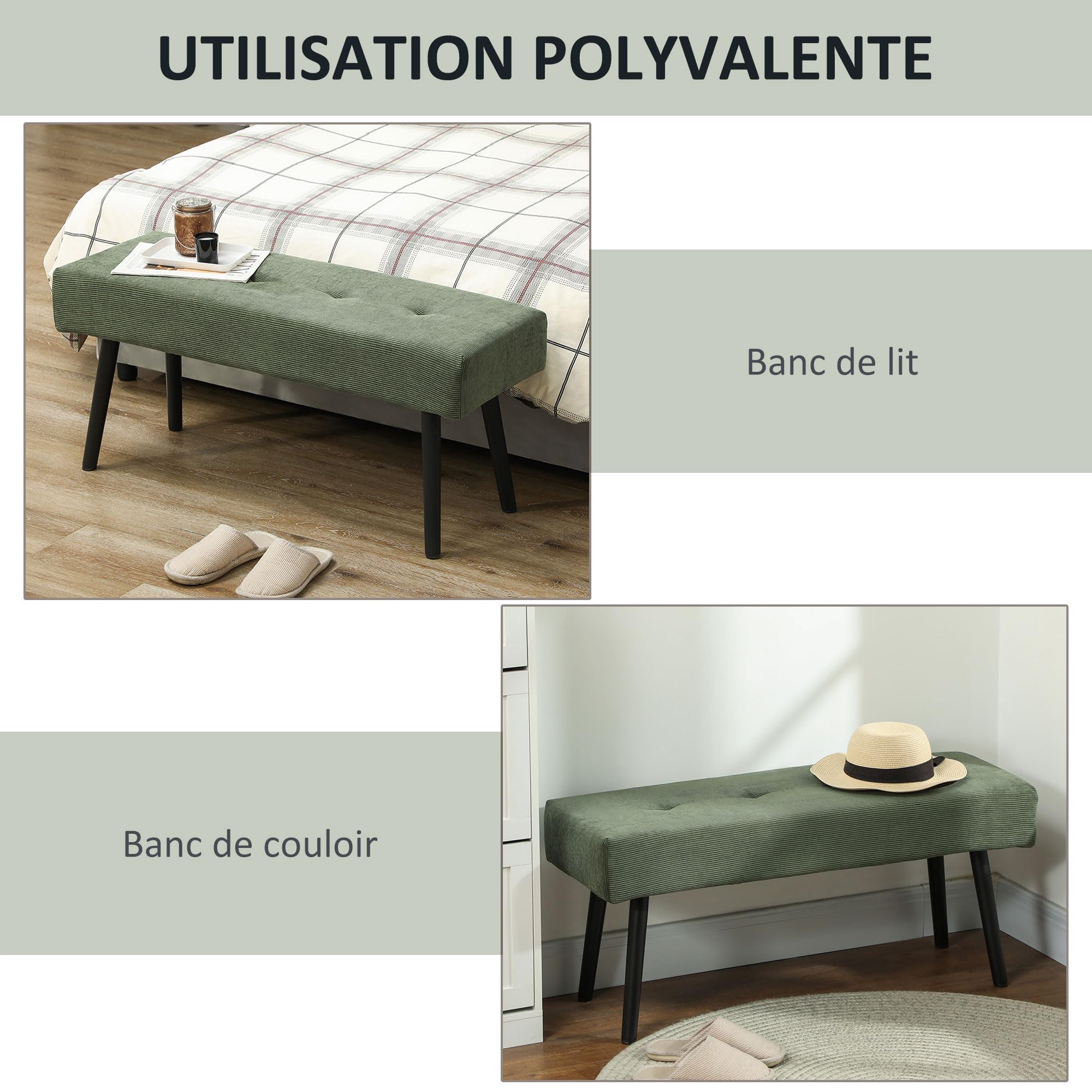 HOMCOM Banc Banquette Moderne Bout de Lit Rembourré 100 x 36 x 45 cm Vert | Velours Côtelé, Pieds en Acier Noir, Idéal pour Entrée Salon Chambre, Charge 220 Kg