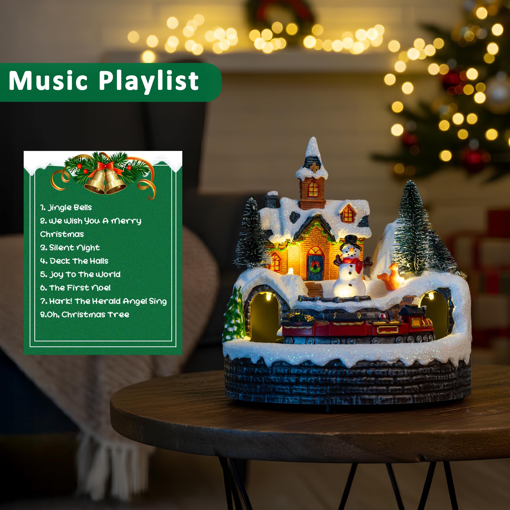 Candieslife Decoraciones musicales animadas de muñeco de nieve de Navidad, tren giratorio con luces cálidas para regalo de decoración de Navidad, adornos decorativos de Navidad de mesa