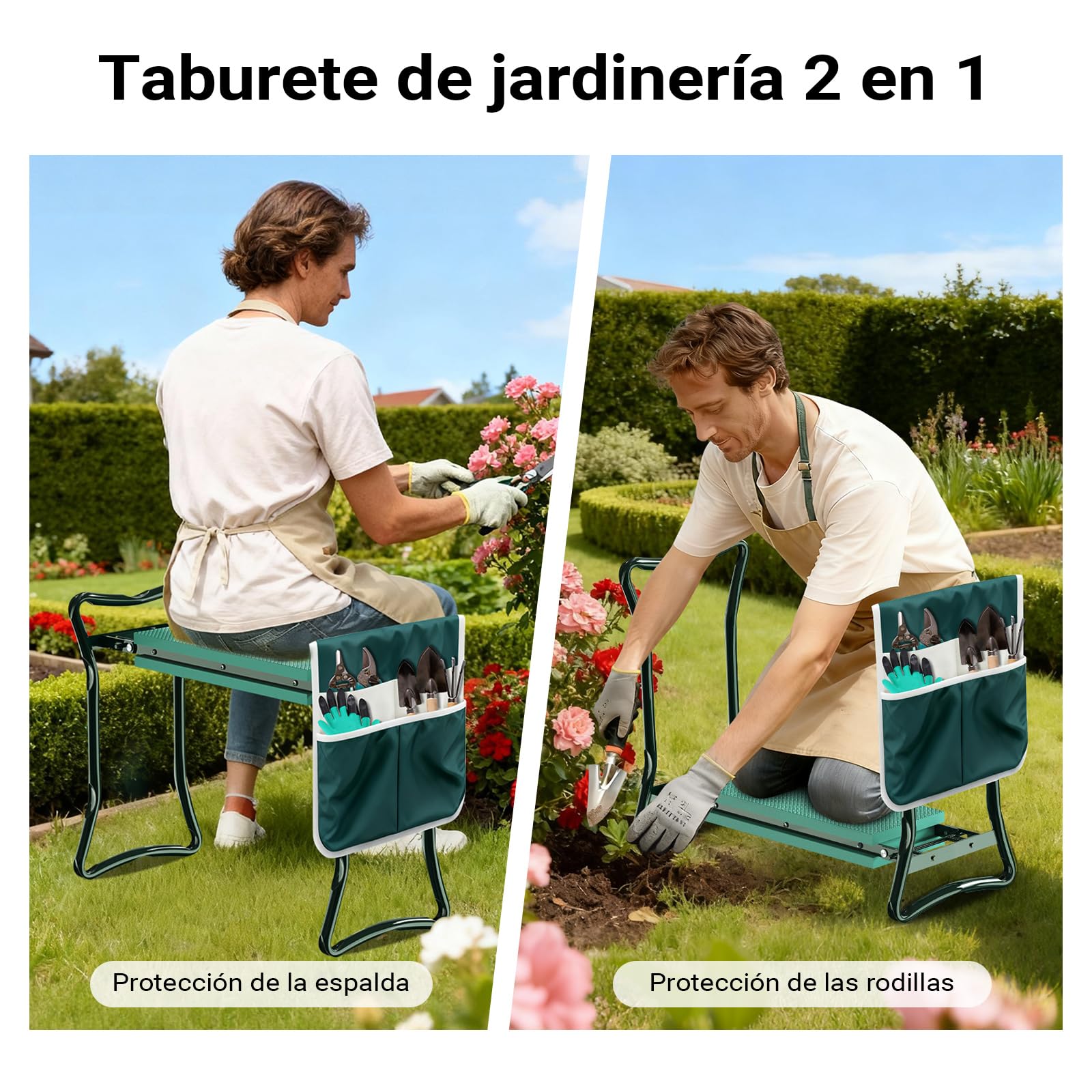 WilTec Silla de jardín para arrodillarse, Acolchada, con Bolso, Asiento y Banco para Rodillas hasta 150 kg