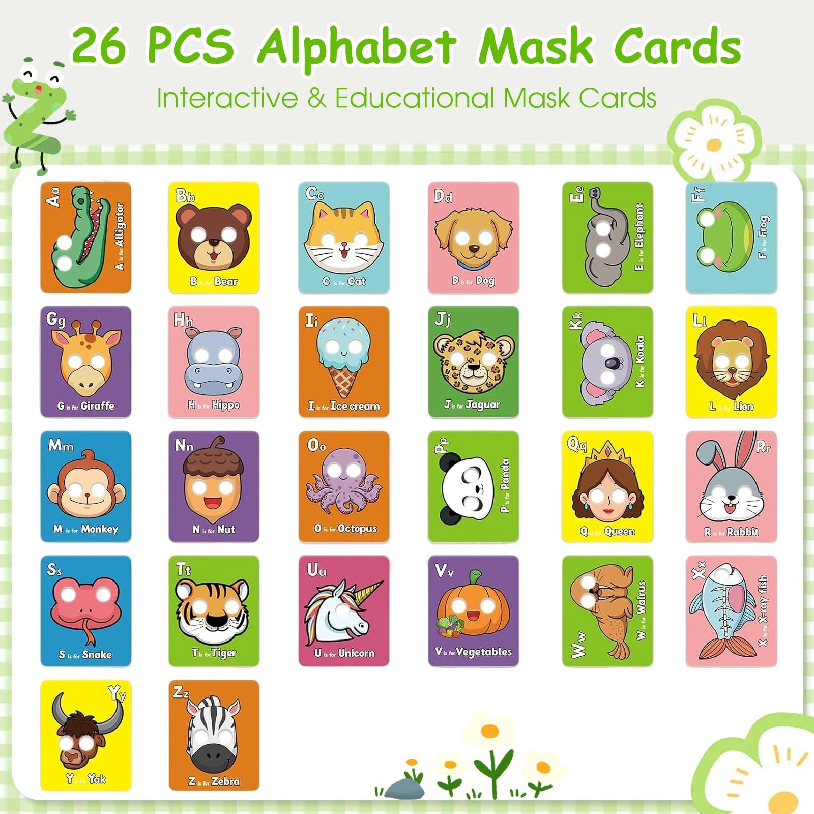 26 PCS Alphabet Flash Cards, Giant Colourful ABC Animal Mask Flashcards, Interactive Education Learning Tool - Image 2