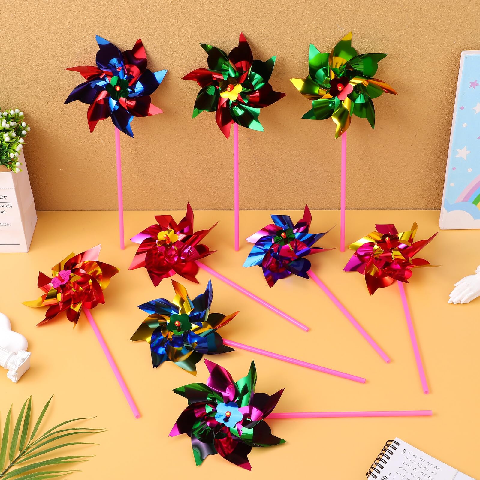 100 Pezzi Girandole a Vento di Plastica Colorate, Giocattoli Mulino a Vento per Bambini, Facili da Assemblare, Decorazioni per Giardino e Giochi All’aperto
