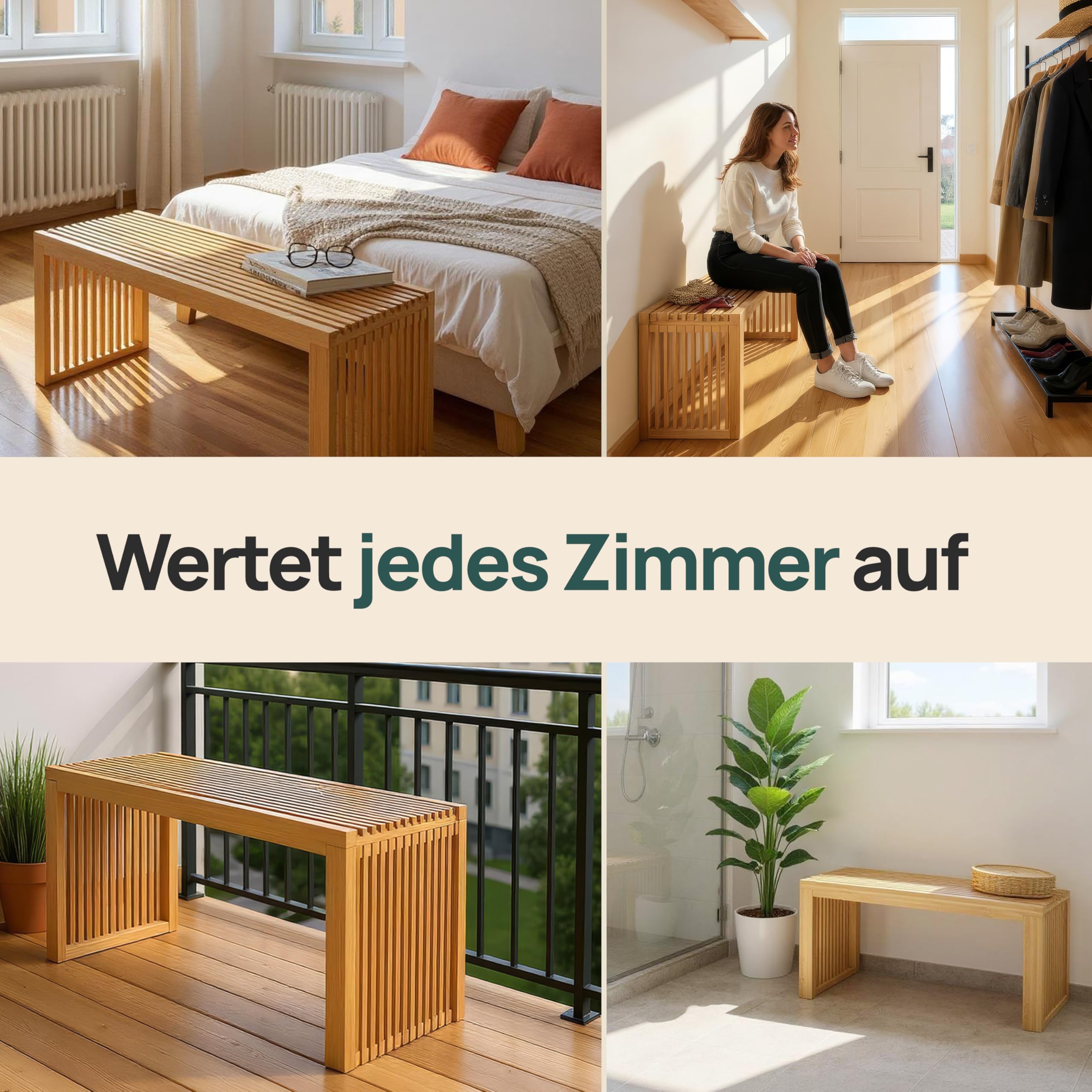 Sitzbank aus Bambus – Stilvolle Holzbank für Flur, Küche & Esszimmer | Flurbank ohne Lehne 90x33x43cm | Holzbank Indoor als Esstisch Bank, Küchenbank & Deko Bank | bis zu 250 kg belastbar