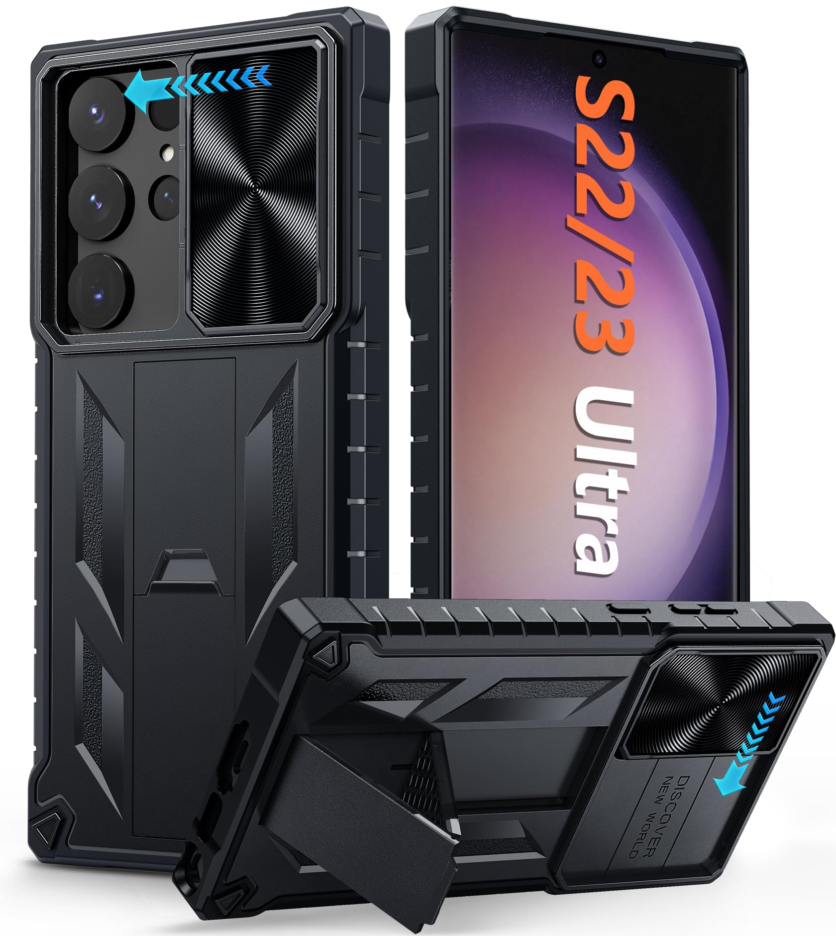 FNTCASEfor Samsung Galaxy S23-Ultra Case: Military Grade Drop Proof Protection Mobile Cover with Kickstand | Matte Textured Rugged Shockproof TPU Black 6.8 inches