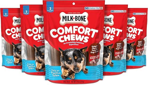 Milk-Bone - Masticadores de confort, golosinas para perros sin piel cruda con textura masticable única y carne de vacuno real, 3 masticables