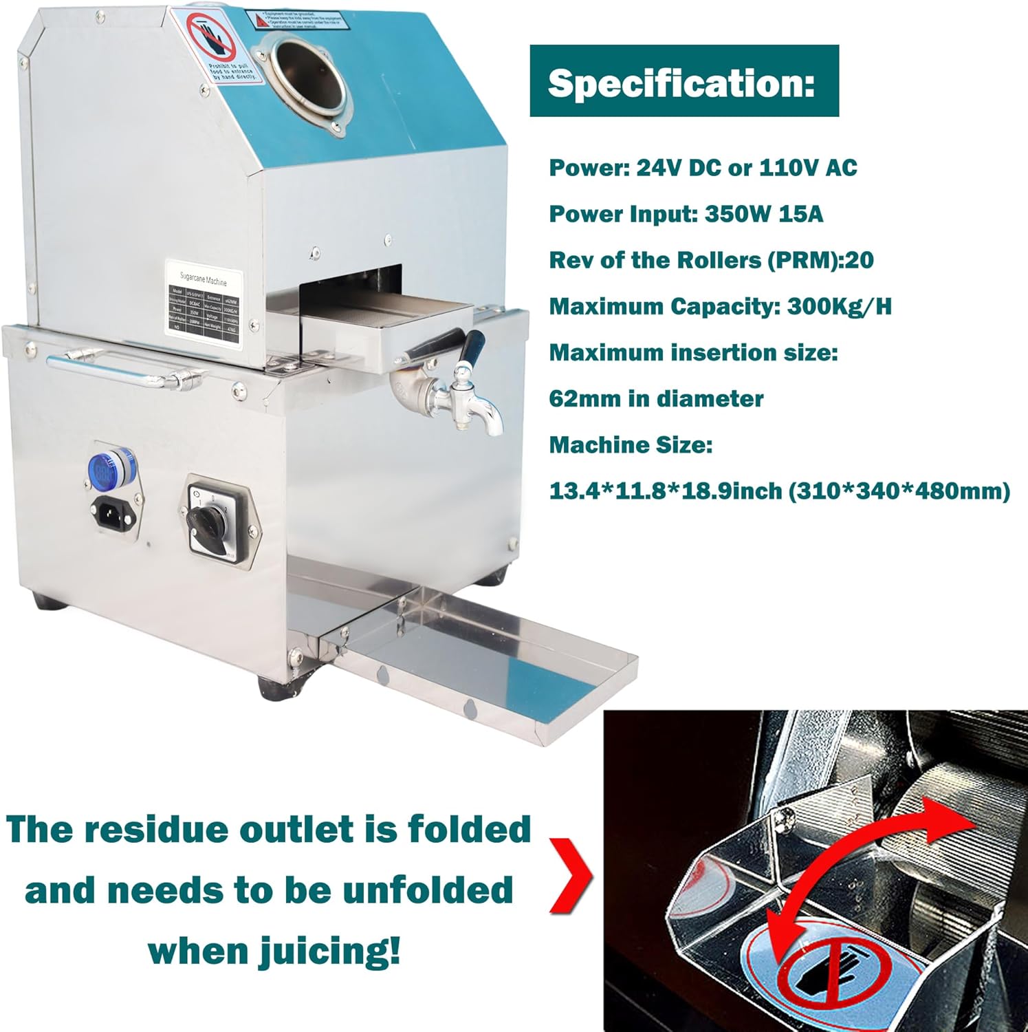 Sugar Cane Juicer Electric Sugarcane Press Vertical Sugar Cane Ginger Juicer 3 Stainless Steel Rollers Sugarcane Juice Press Extractor with Transformer 24V DC or 110V AC
