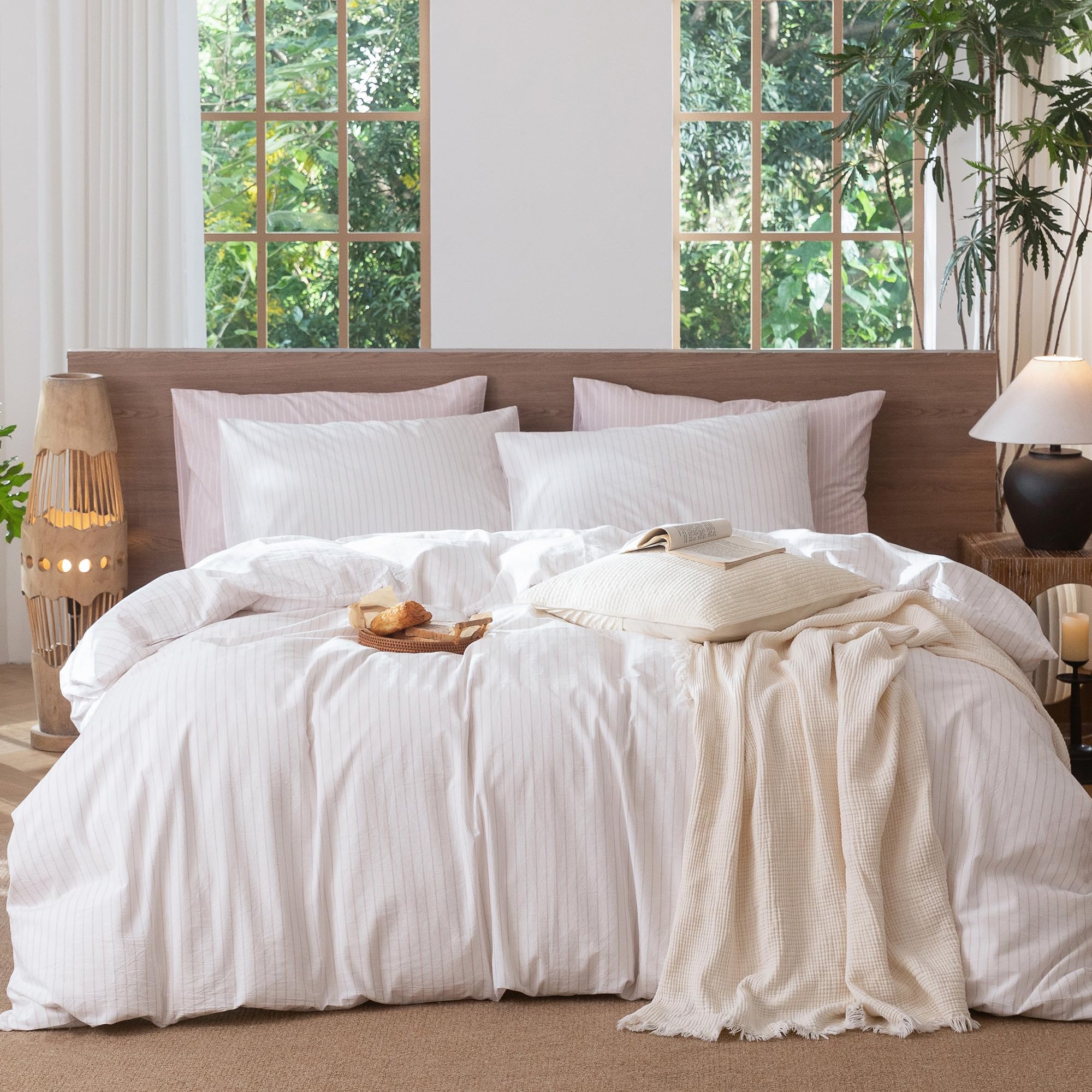 MooMee Striped Duvet Cover Set 100% Washed Cotton Linen Like King
