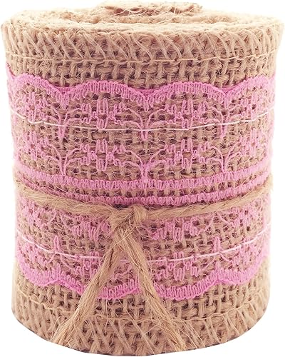 LWR CRAFTS Cinta de arpillera natural con encaje (rosa)